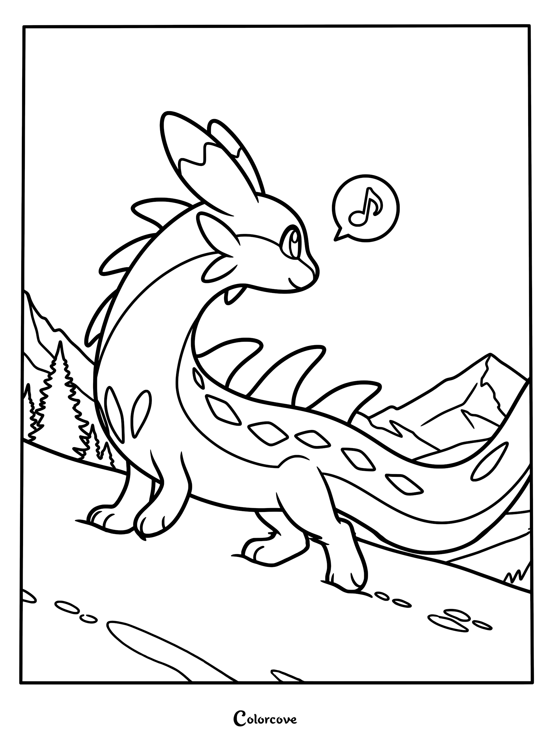 Chillet from Palworld standing on a mountain path with a musical note speech bubble in this printable coloring page.