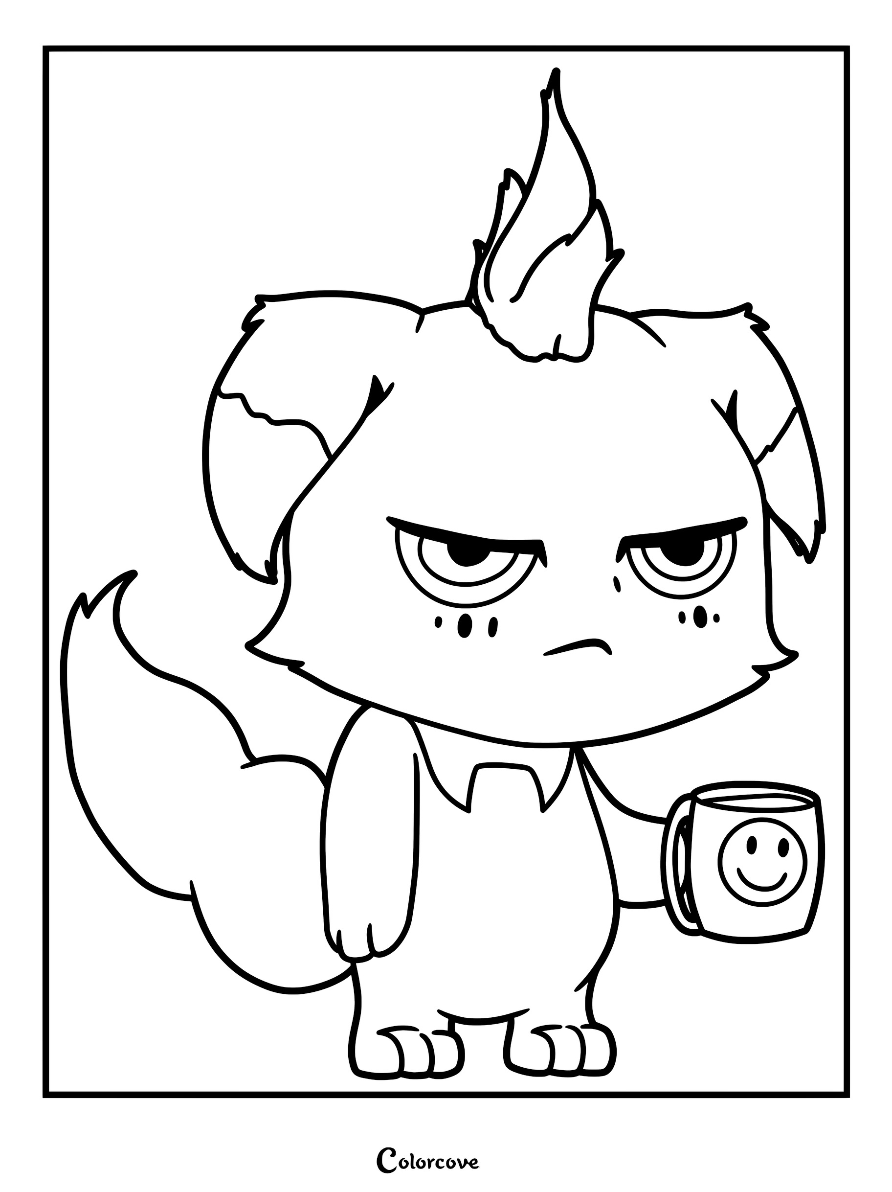 A printable coloring page featuring Depresso from Palworld holding a coffee mug with a smiley face.