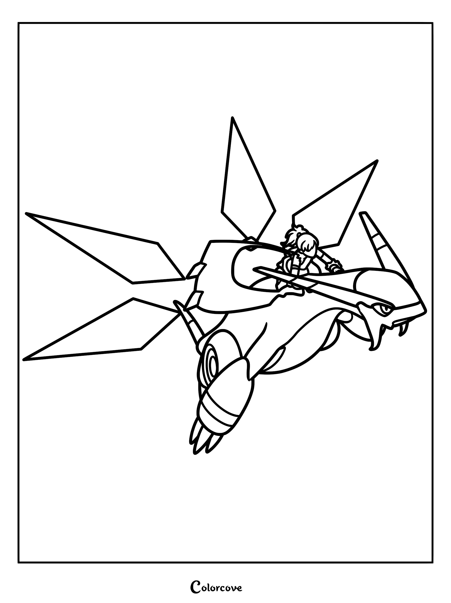 A Palworld coloring page featuring a character riding on the back of the legendary Pal Jetdragon in flight.