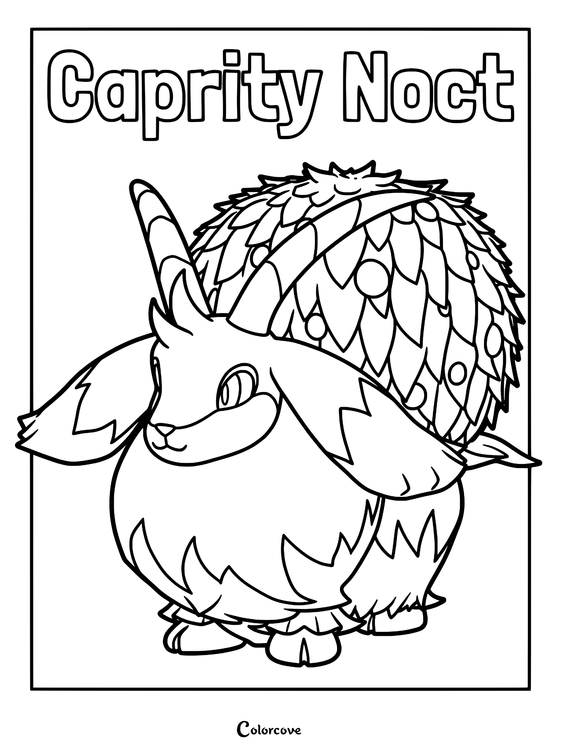 A detailed line art coloring page of the Palworld creature Caprity Noct, featuring its signature large leafy back and curved horns.
