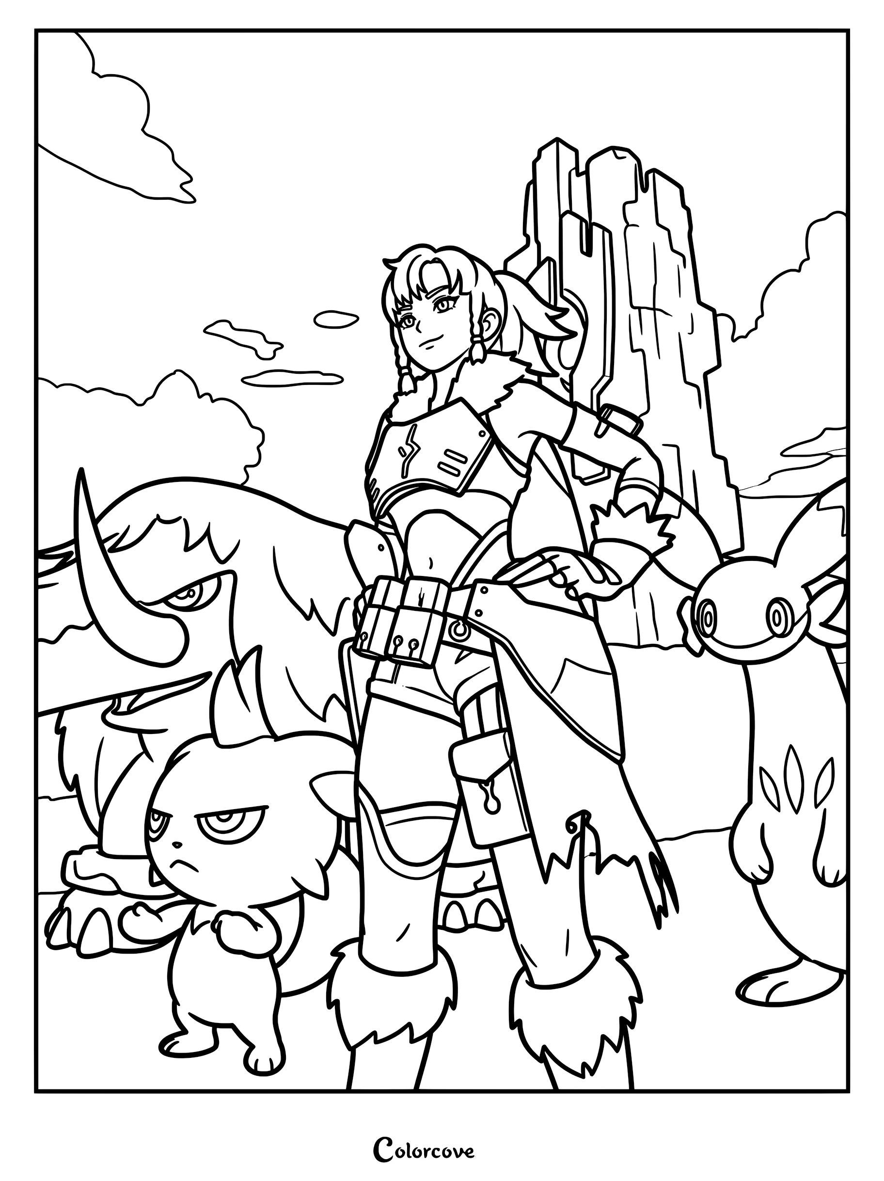 A Palworld coloring page featuring a female trainer standing with Mammorest, Cattiva, and Fuack in a rocky landscape.