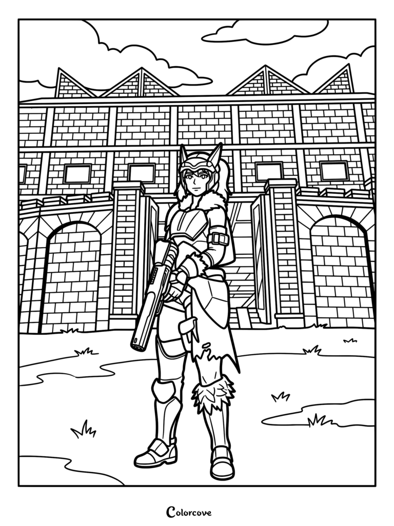 Palworld player character wearing tactical armor and holding an assault rifle in front of a stone fortress coloring page