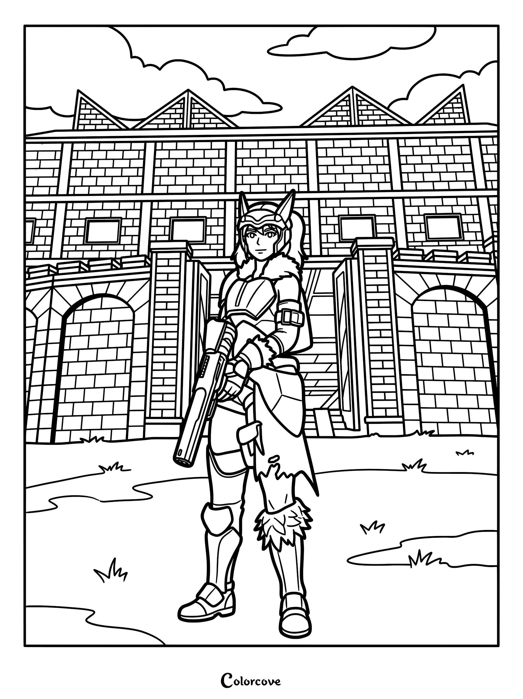 Palworld player character wearing tactical armor and holding an assault rifle in front of a stone fortress coloring page