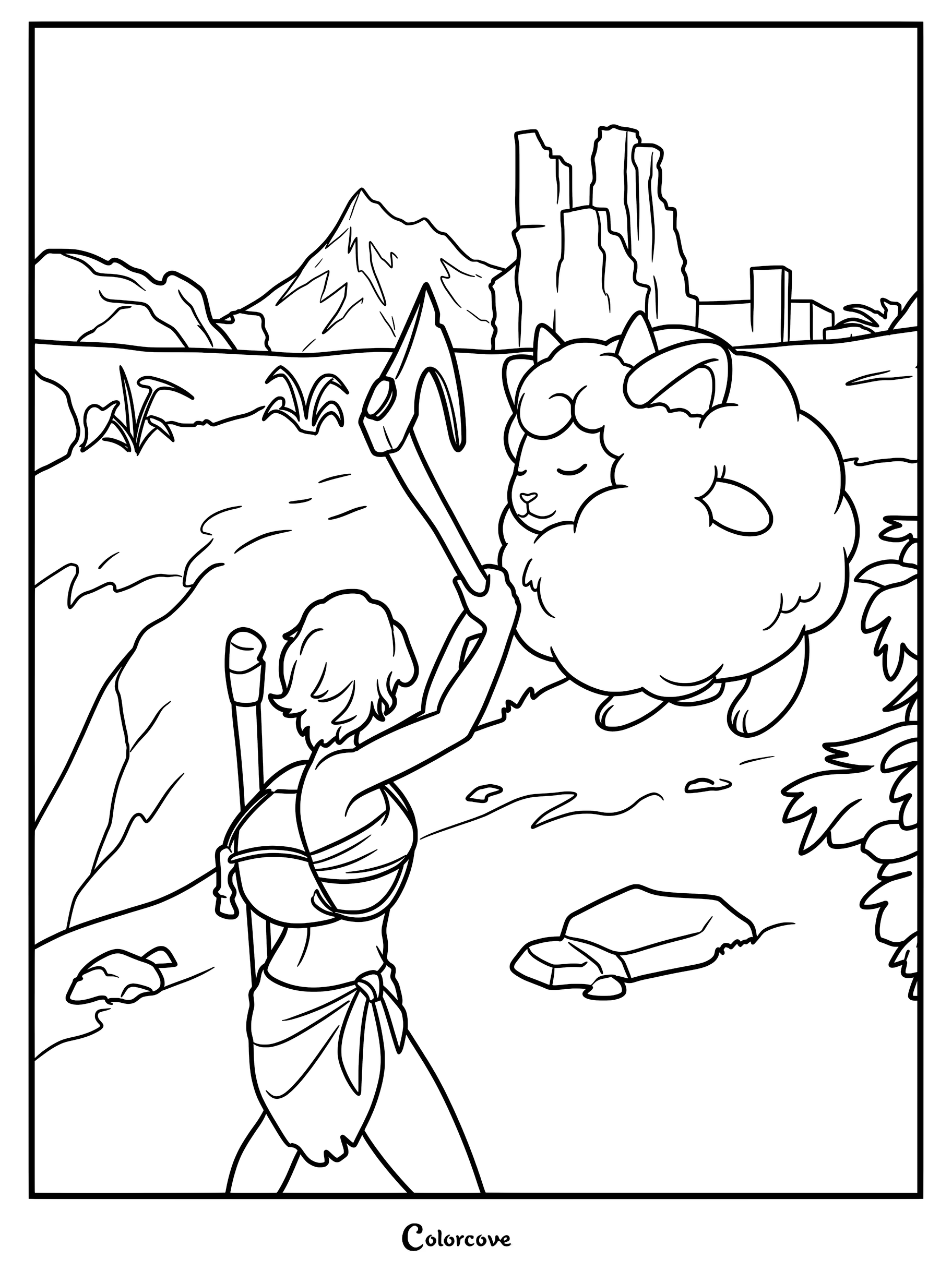 A Palworld player character holding an axe standing near a fluffy Lamball in a mountainous landscape coloring page.