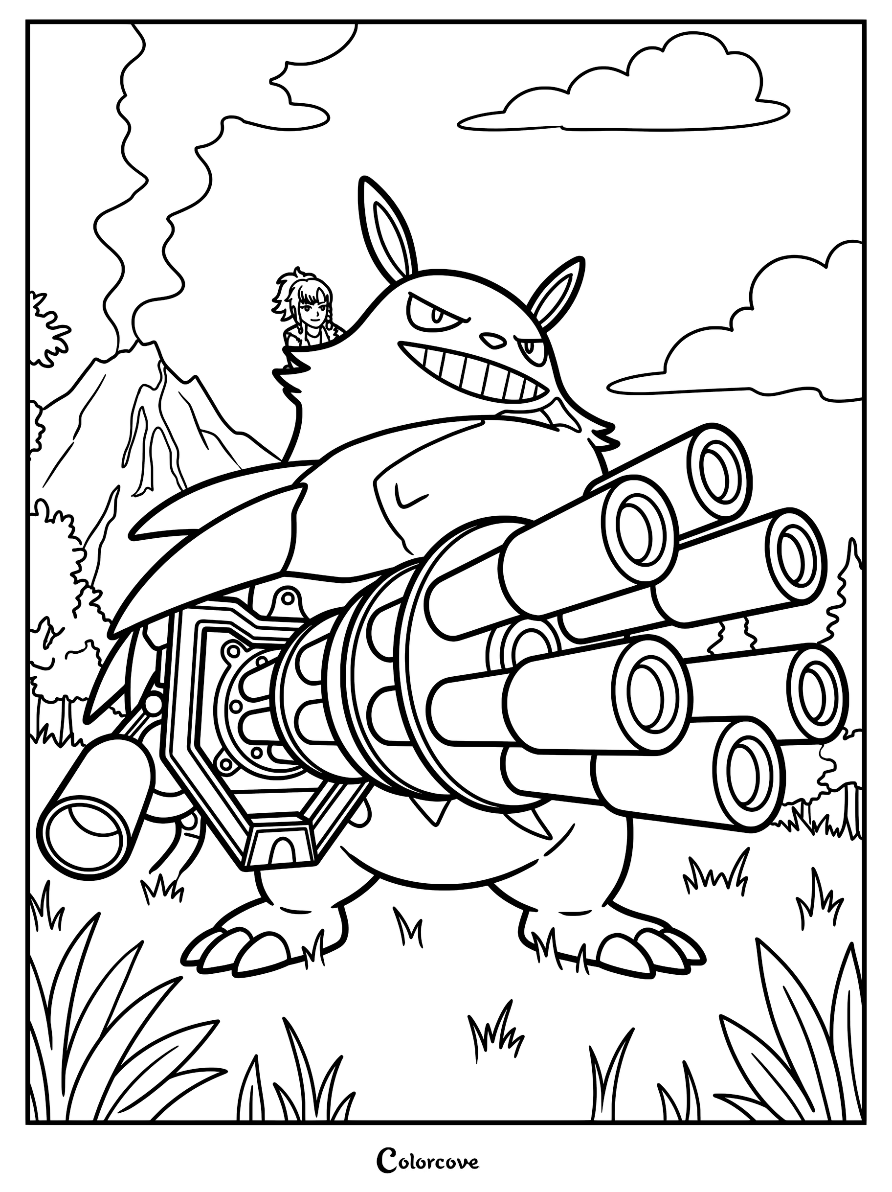 Grizzbolt holding a large machine gun with a character riding on its back in this Palworld coloring page.