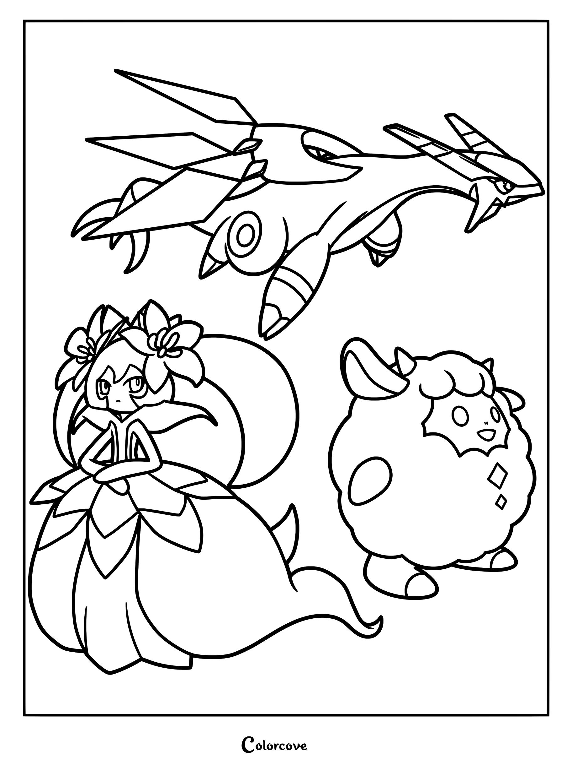 Jetragon flying above Lyleen and Lamball in this Palworld coloring page.