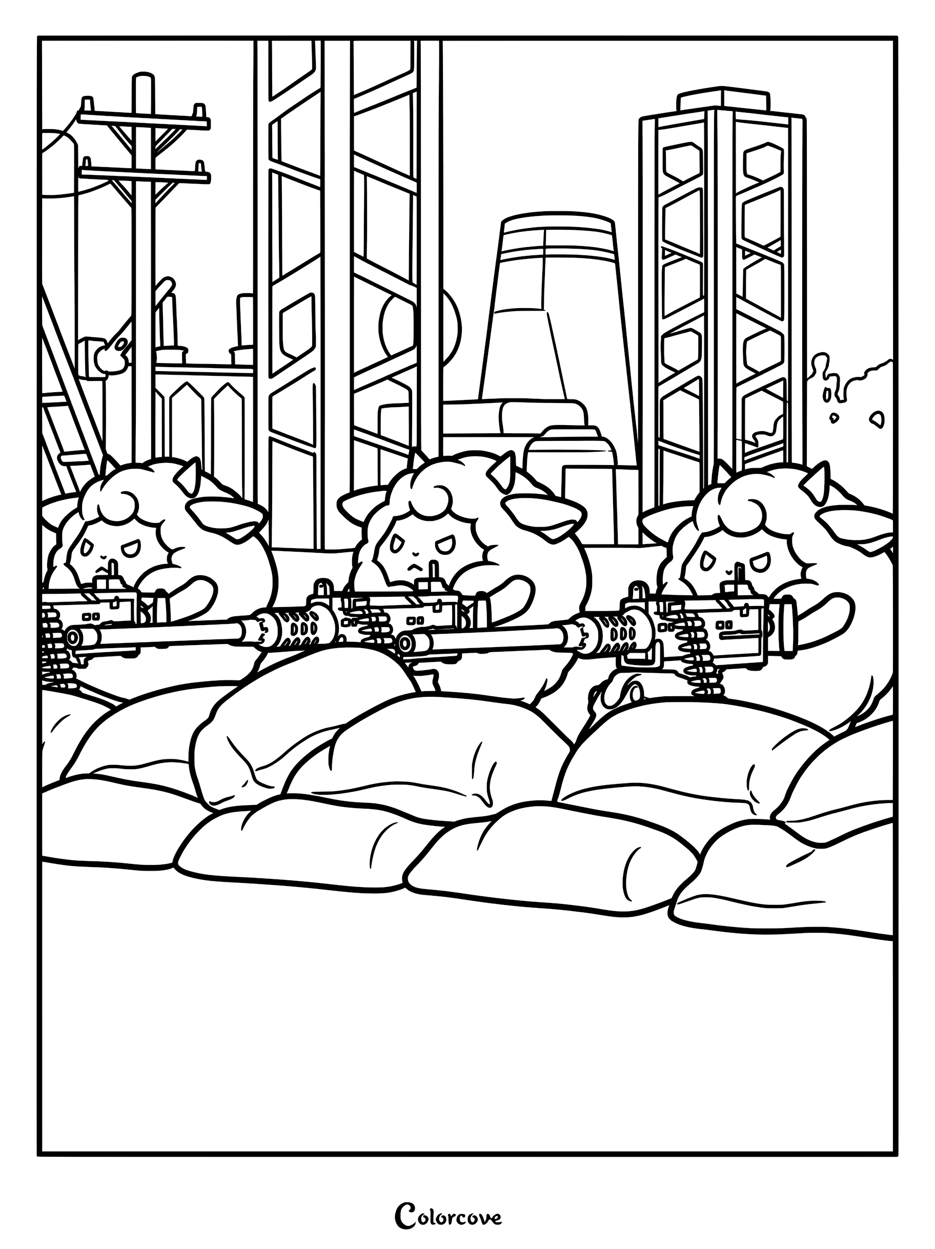 Three determined Lamballs from Palworld manning heavy machine guns behind a sandbag barricade in a base defense coloring page.