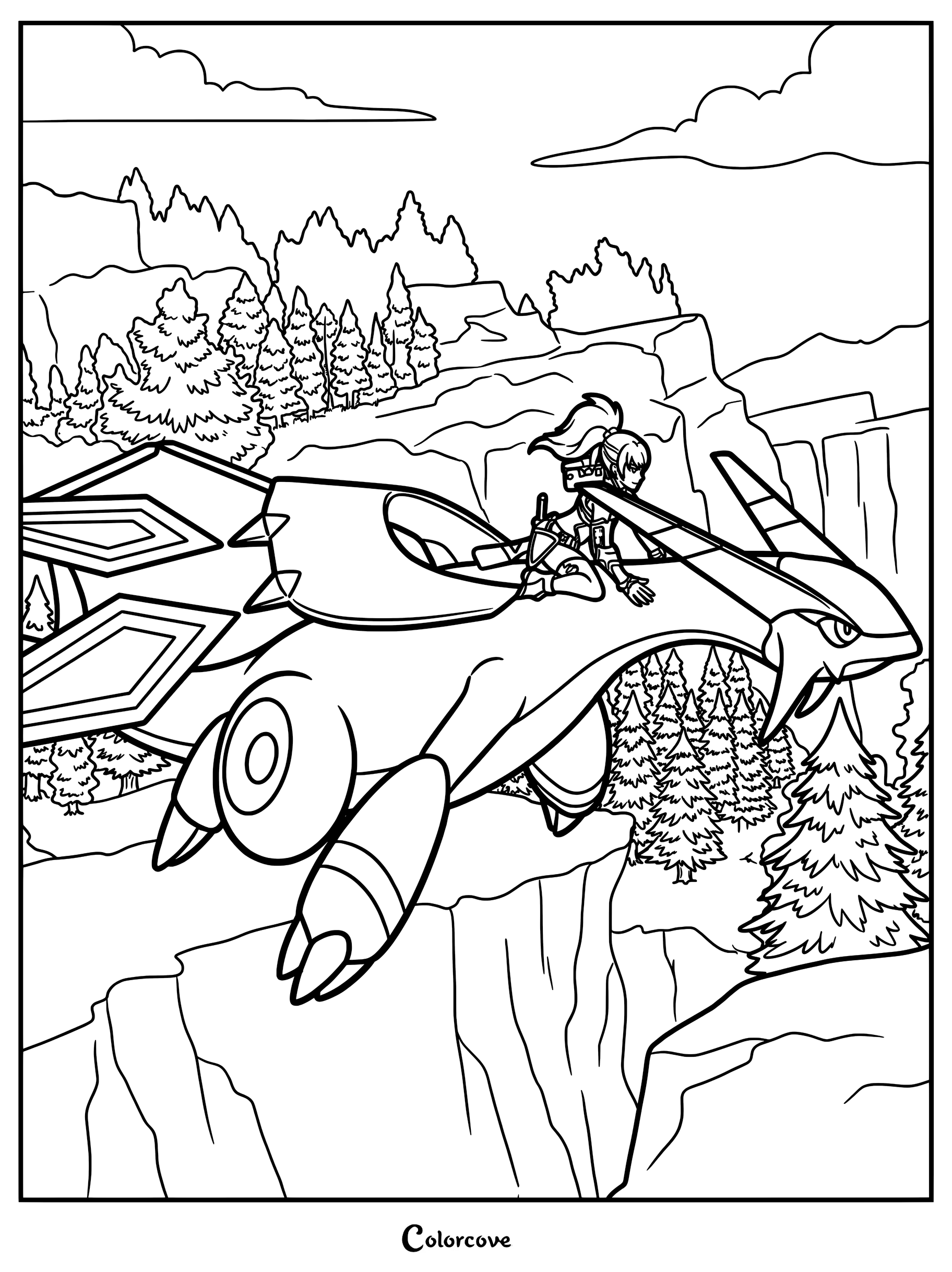 A printable coloring page featuring a Palworld player character riding on the back of a Jetdragon soaring over a mountainous forest landscape.