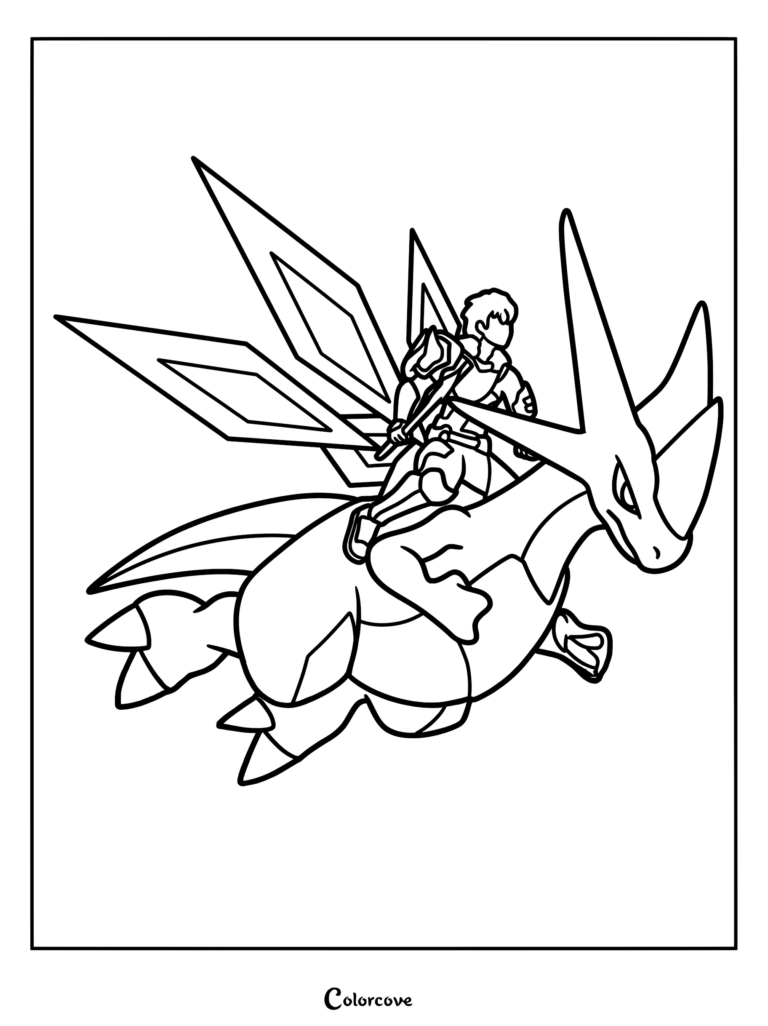 A Palworld coloring page featuring a player character riding on the back of the flying Pal Xenolord with large wings.