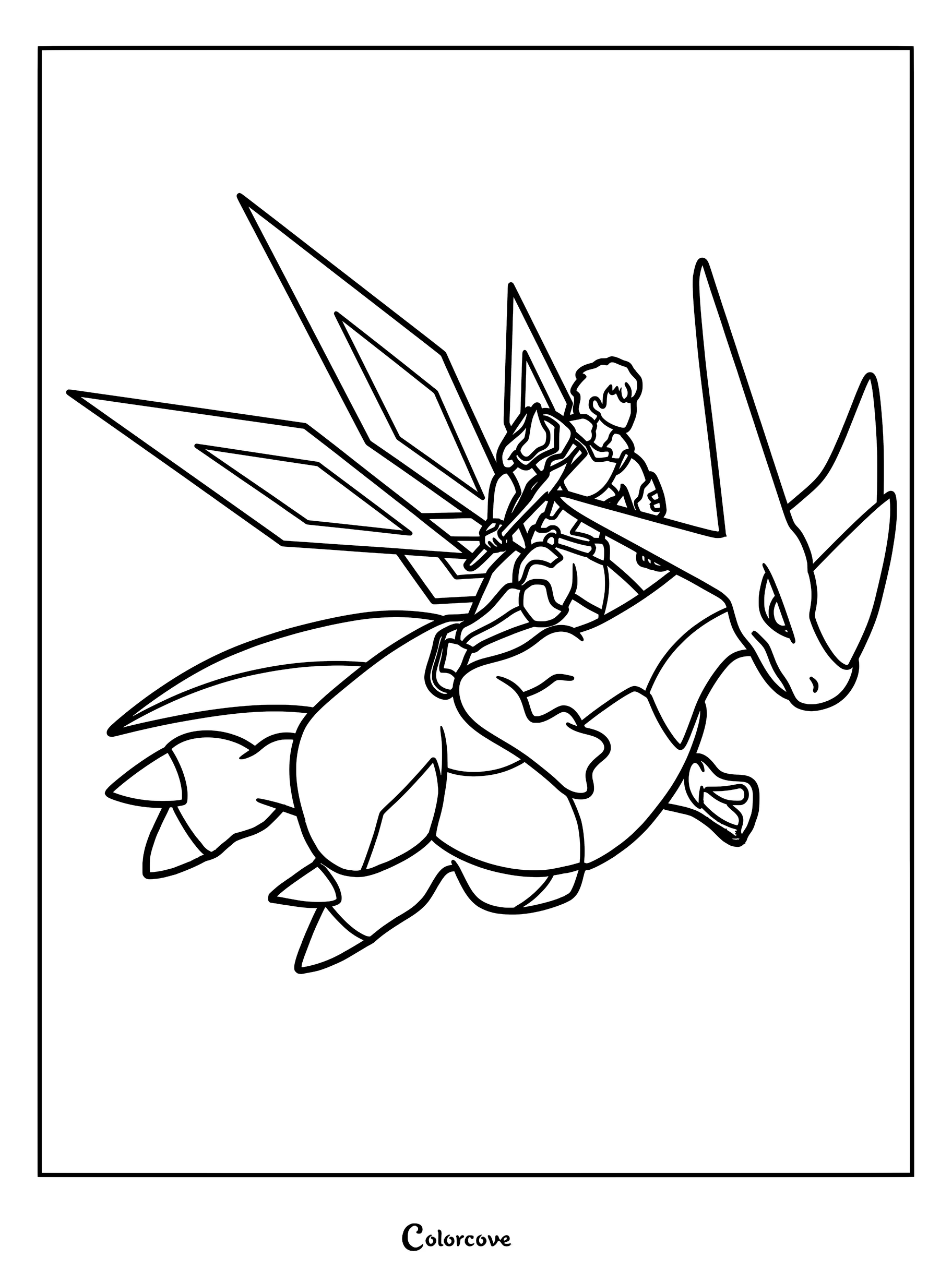 A Palworld coloring page featuring a player character riding on the back of the flying Pal Xenolord with large wings.