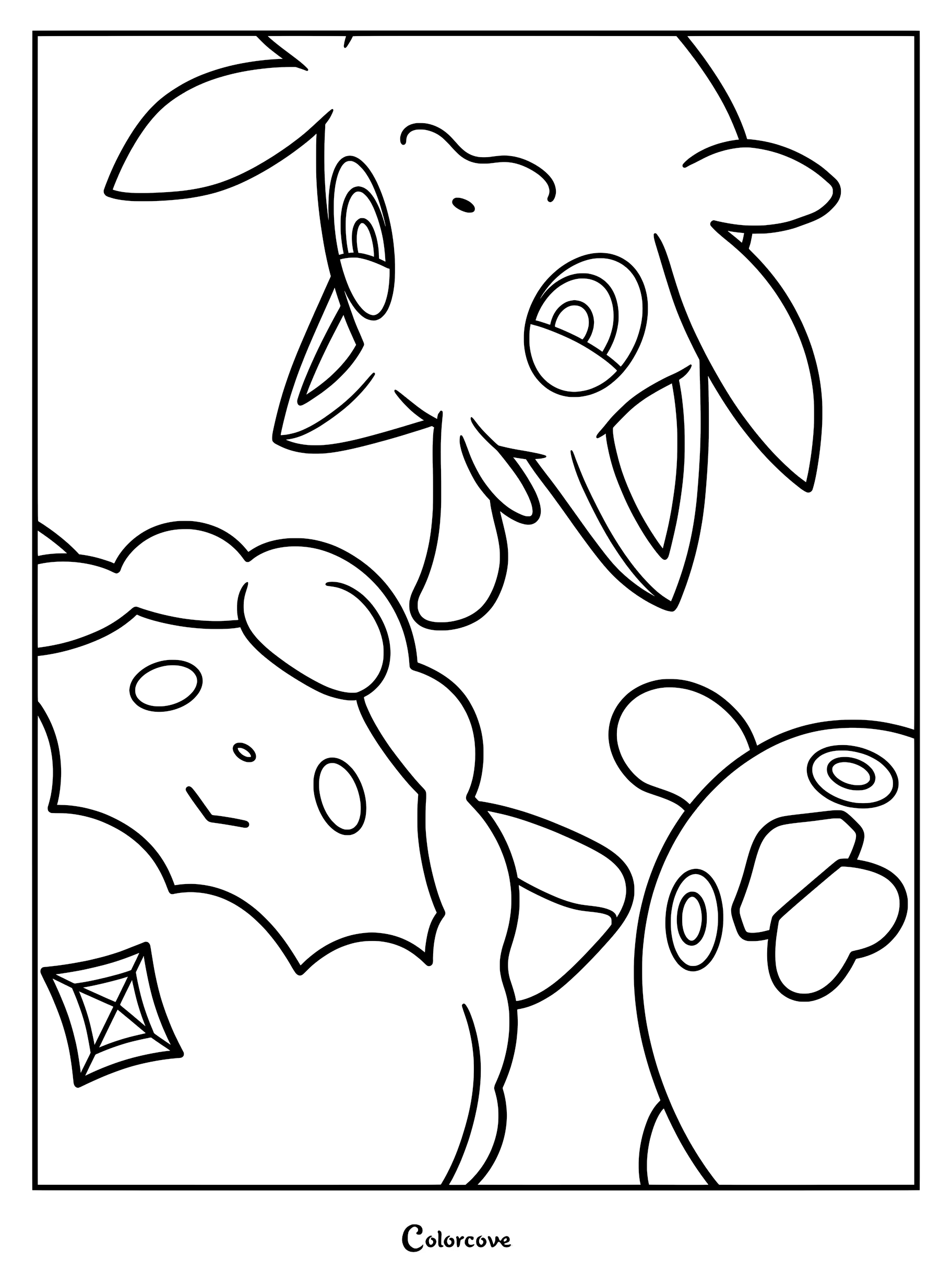A printable coloring page featuring Lamball, Cattiva and Chikipi looking down from above in a group perspective.