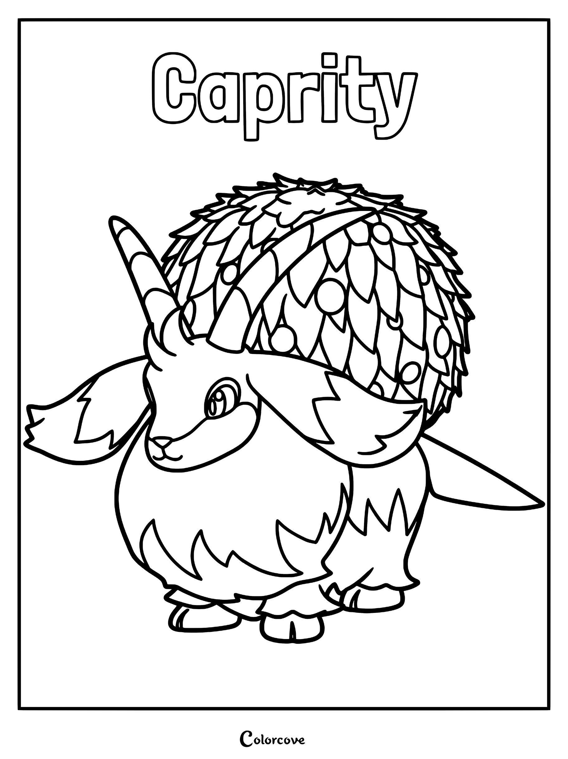 Caprity from Palworld standing with its large leafy back and curved horn in a printable coloring page.