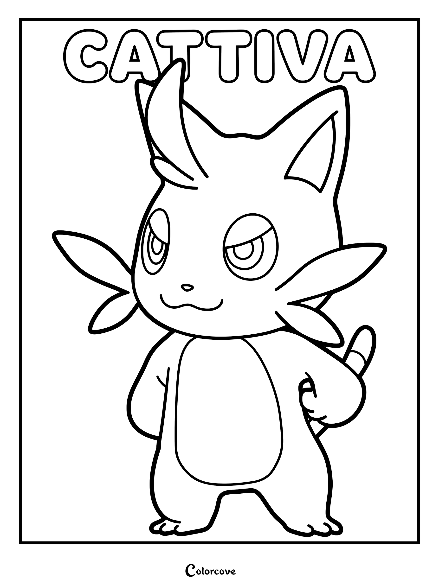 Cattiva from Palworld standing with a confident expression in a printable coloring page format.