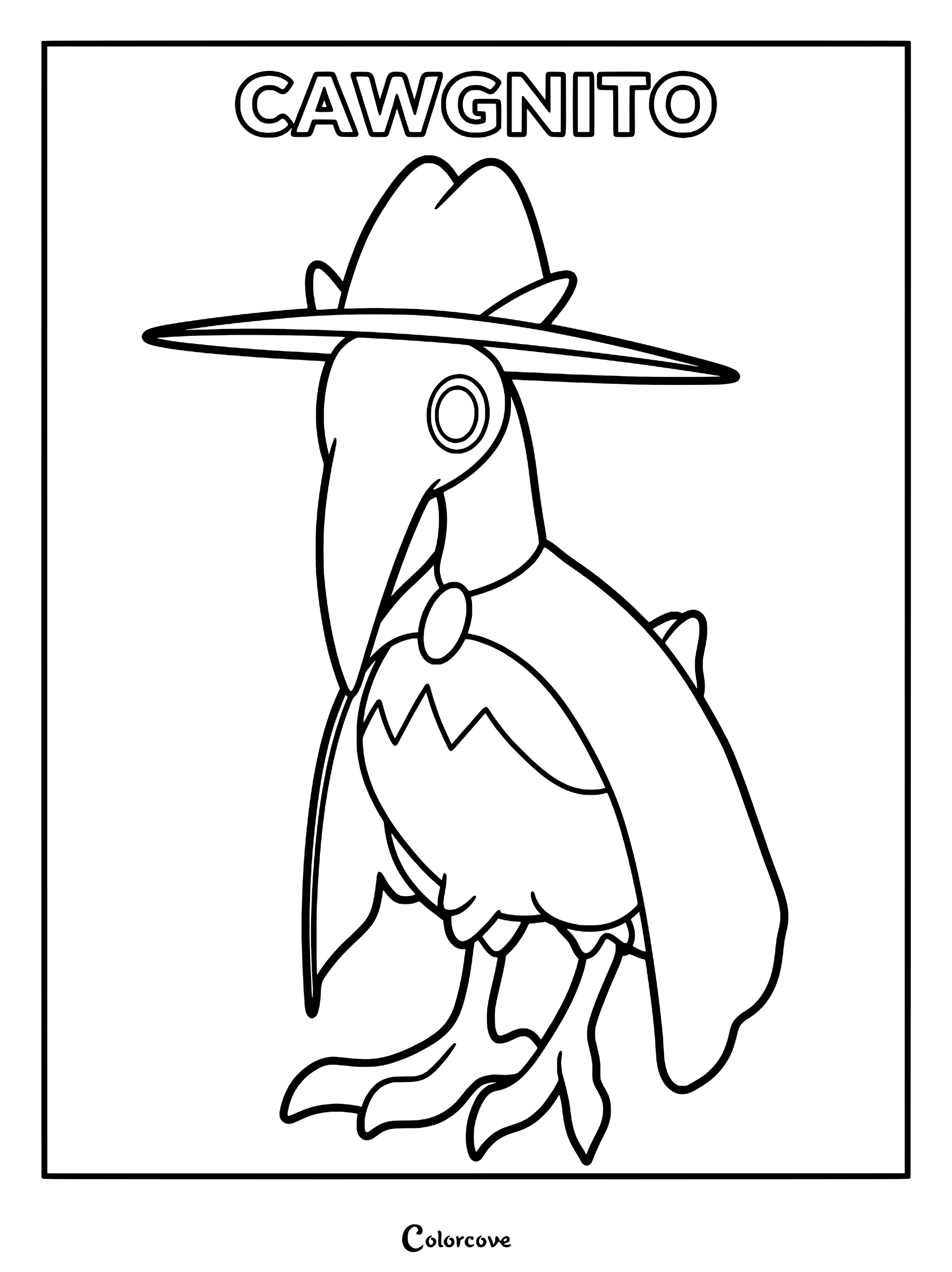 Cawgnito from Palworld wearing a wide-brimmed hat and cape in a printable coloring page format.