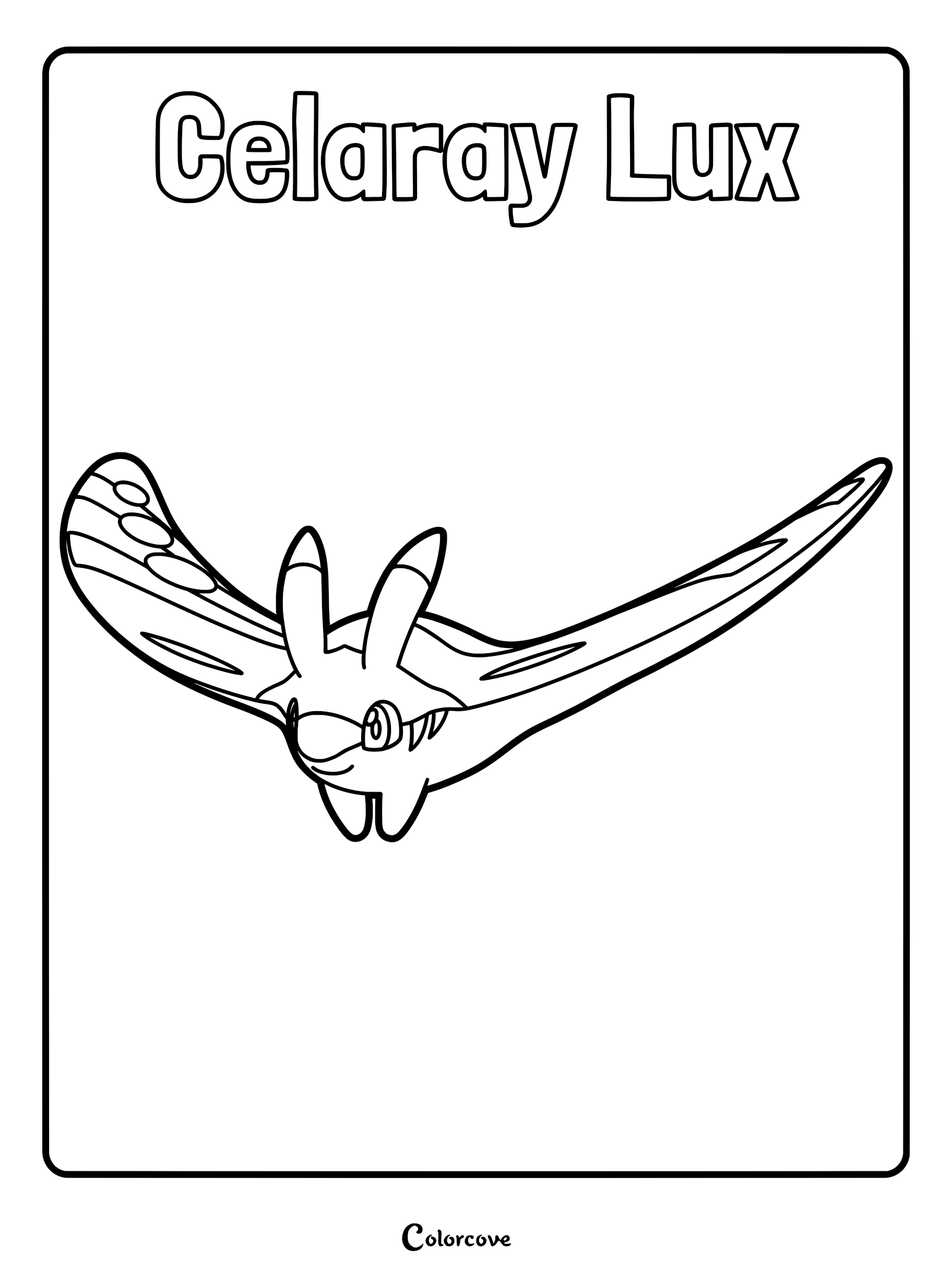 A printable coloring page featuring the Palworld Pal Celaray Lux with its distinct wide wingspan and antennae.