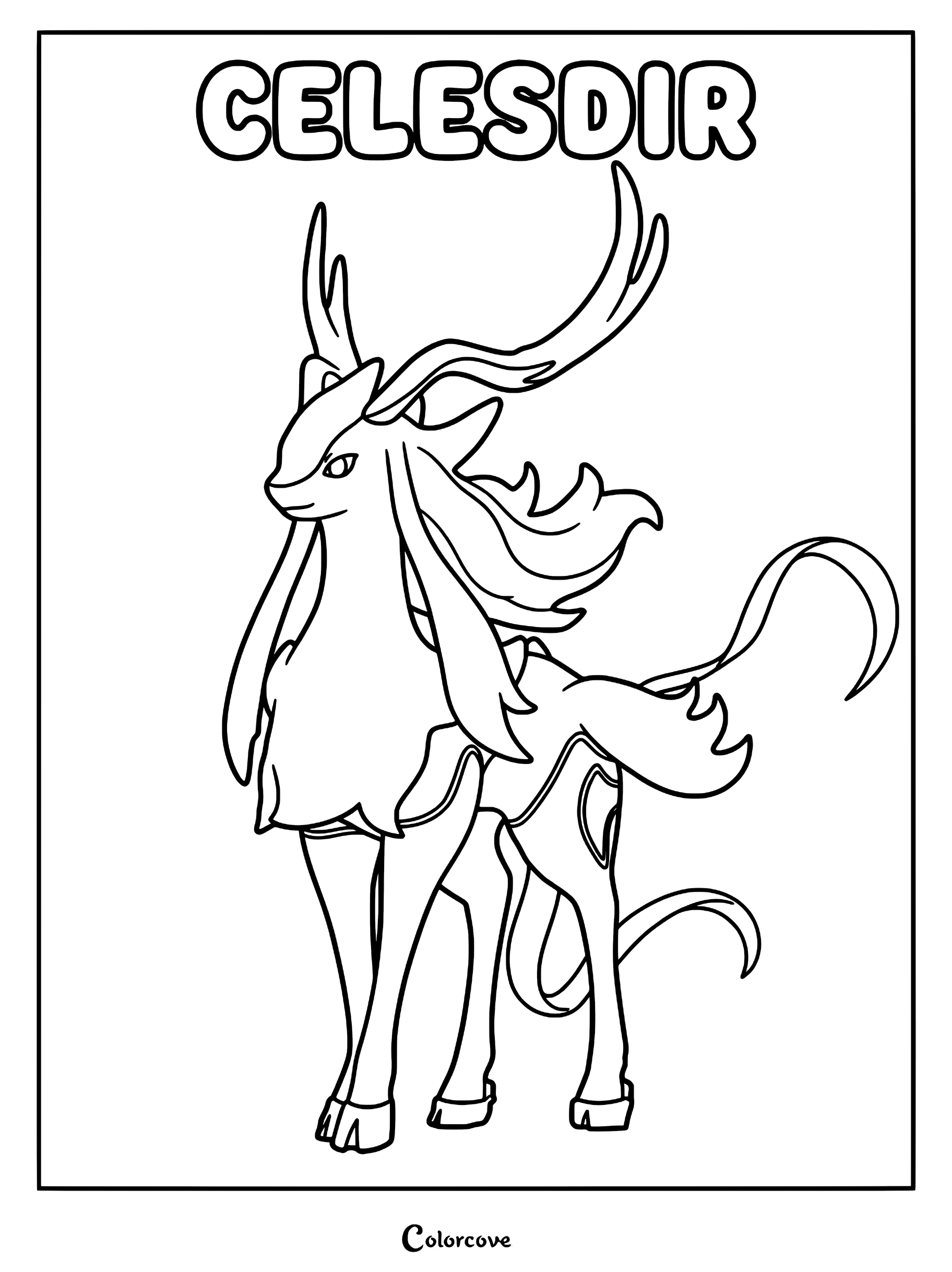 A detailed line art coloring page of the Palworld Pal Celesdir, featuring its elegant antlers, flowing mane, and slender deer-like form.