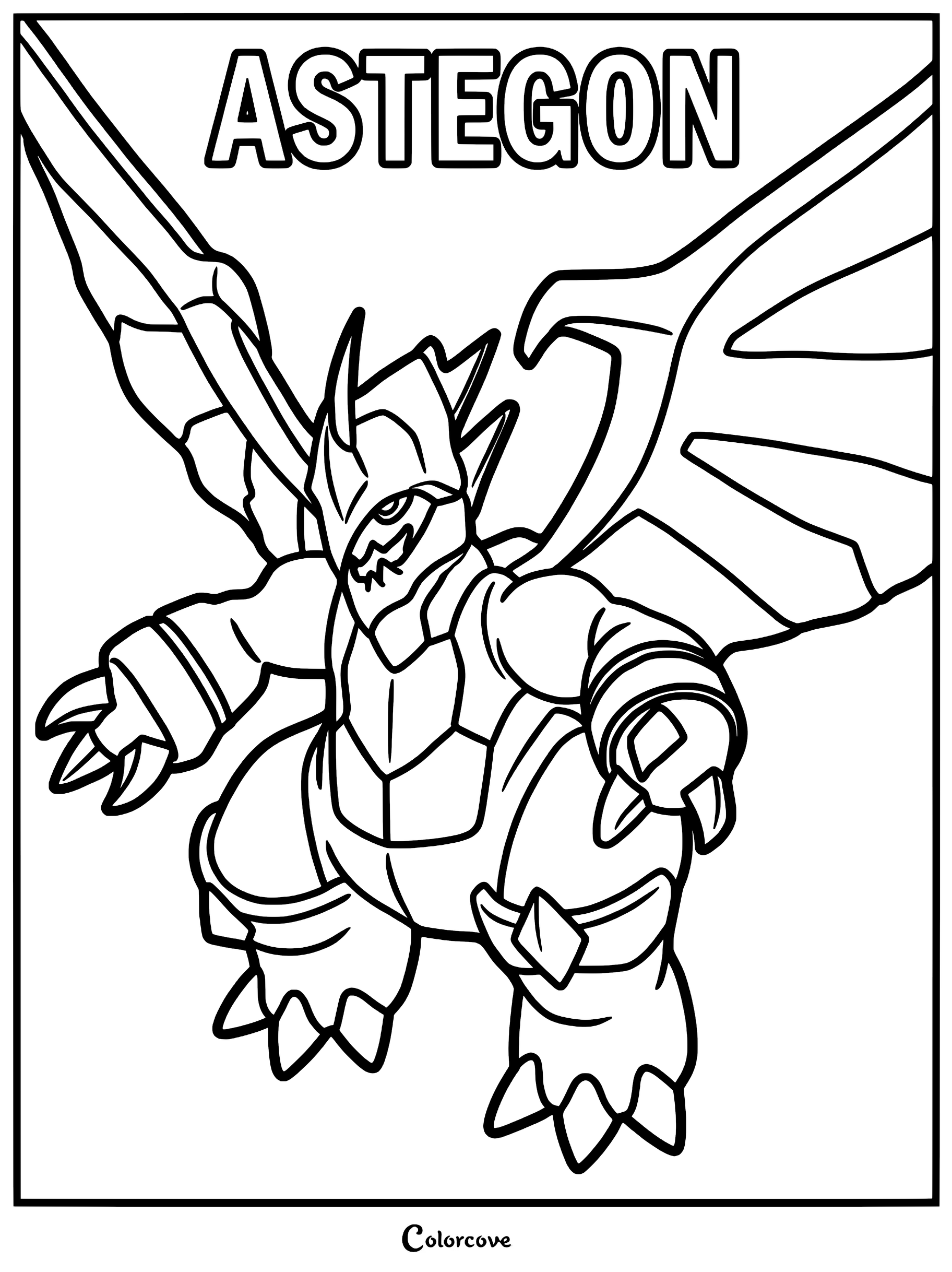 Astegon from Palworld with sharp wings and armor plating in a printable coloring page format.