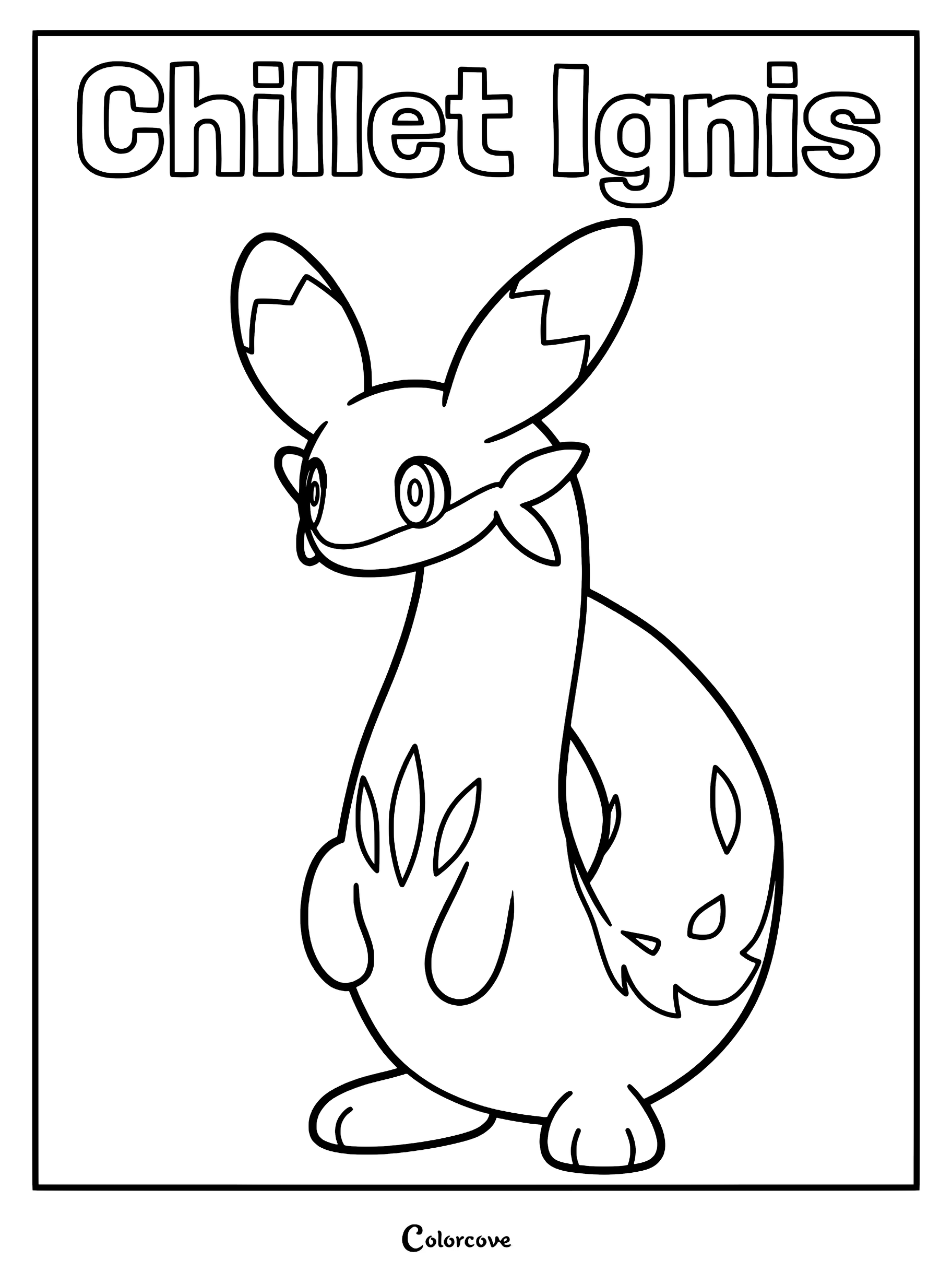 A detailed line art coloring page of the Palworld creature Chillet Ignis standing in a simple pose.
