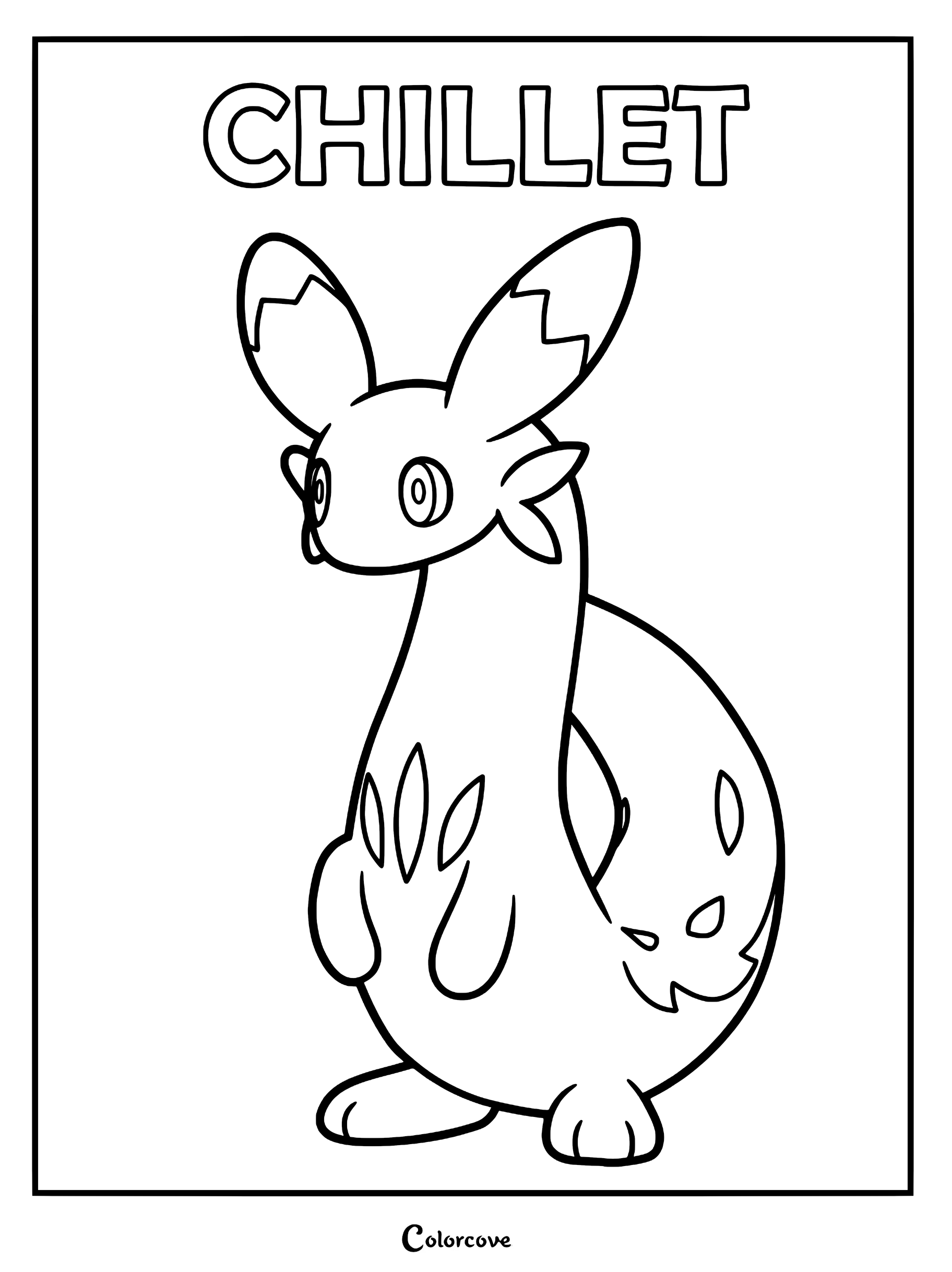 A printable coloring page featuring the Palworld character Chillet standing upright with its long tail curled behind it.