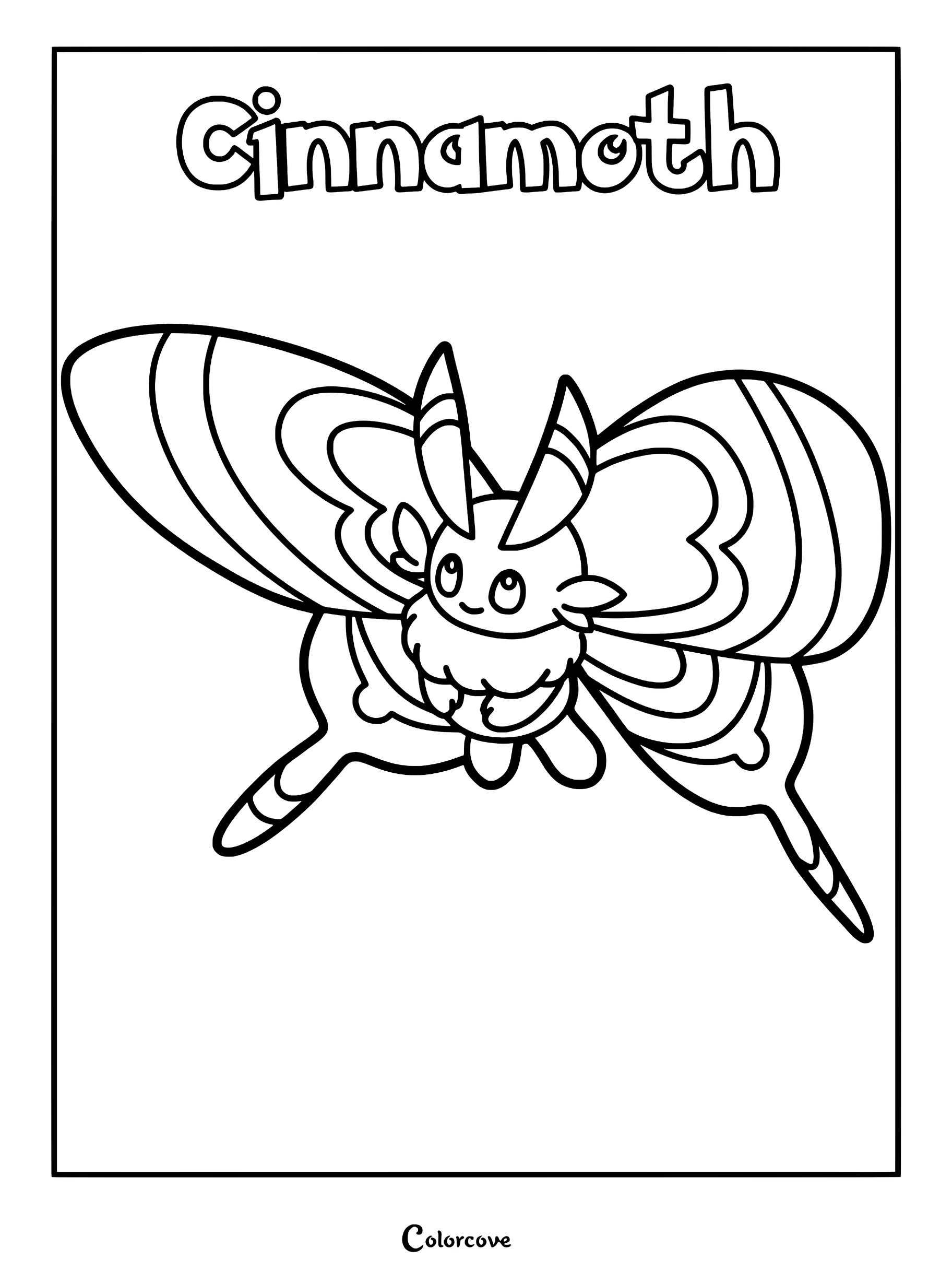 Cinnamoth from Palworld with large patterned wings and antennae in a printable coloring page format.