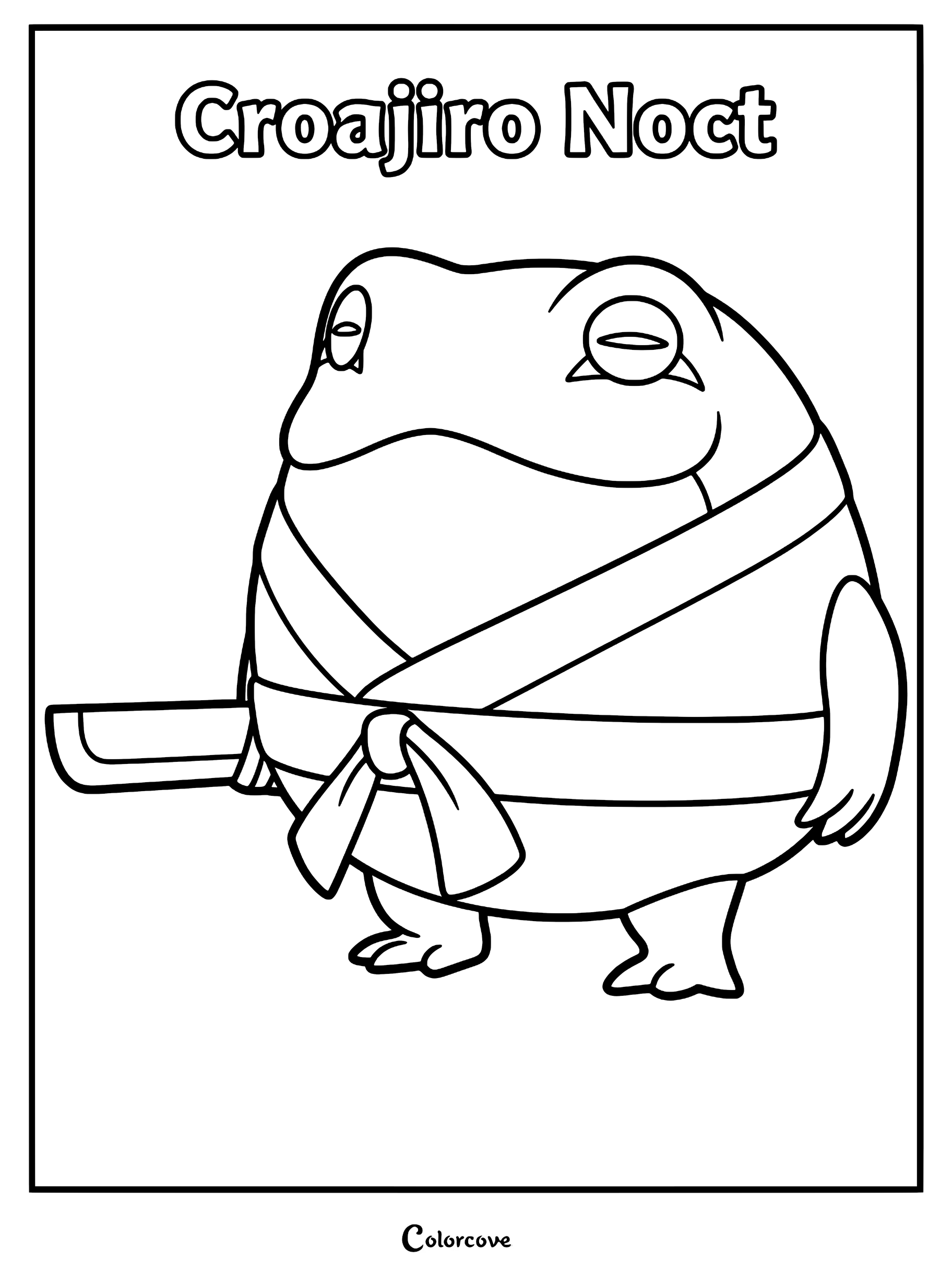 A printable coloring page featuring the Palworld character Croajiro Noct, a round frog-like creature wearing a martial arts gi and holding a sword.