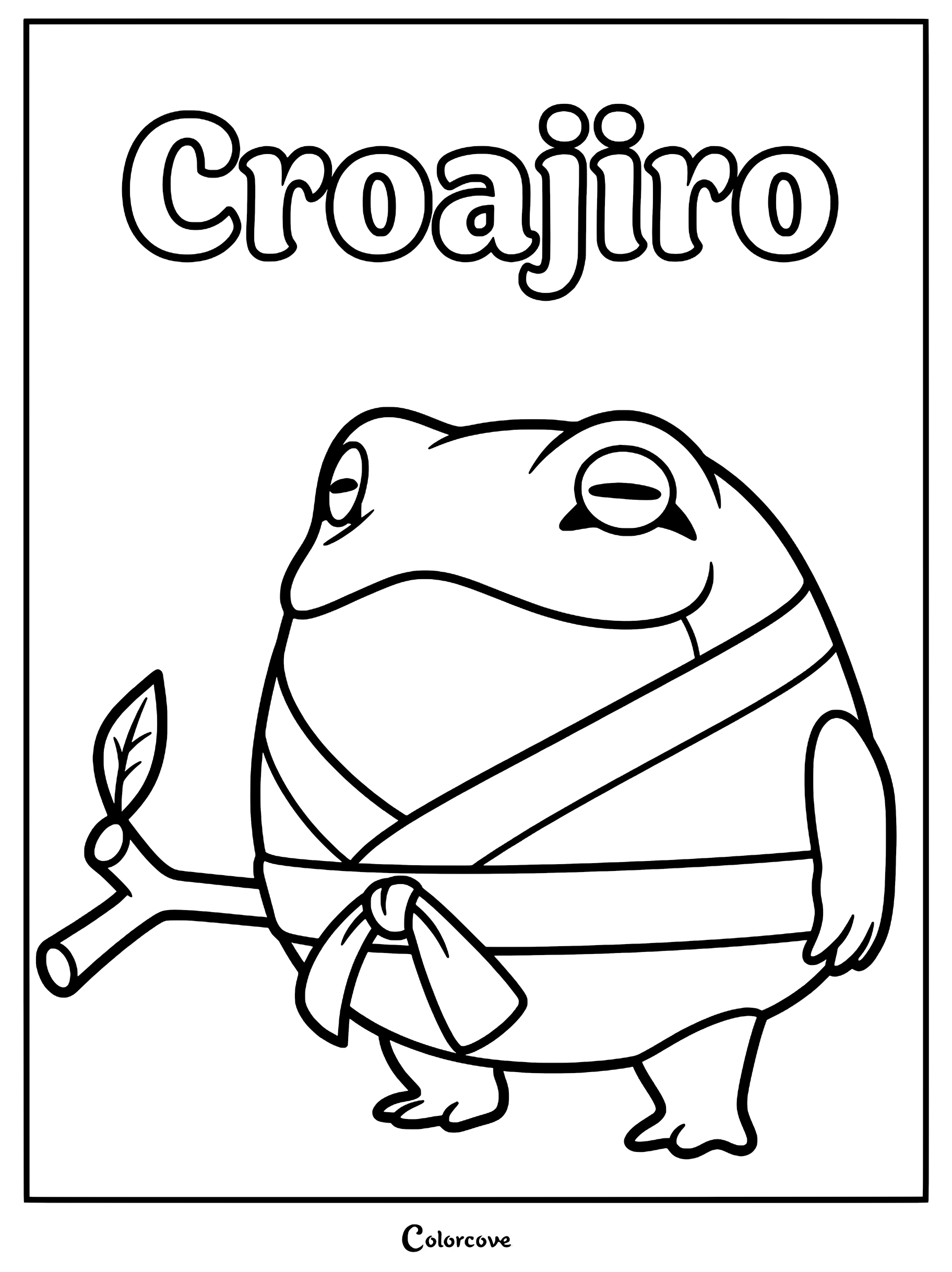 Croajiro from Palworld wearing a martial arts gi and holding a small branch in this printable coloring page.