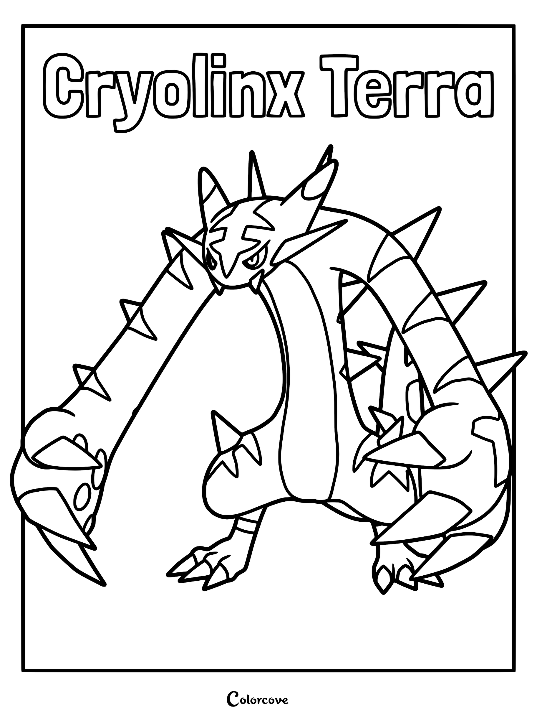 A detailed line art coloring page of the Palworld creature Cryolinx Terra, featuring its signature spiked arms and sharp claws.