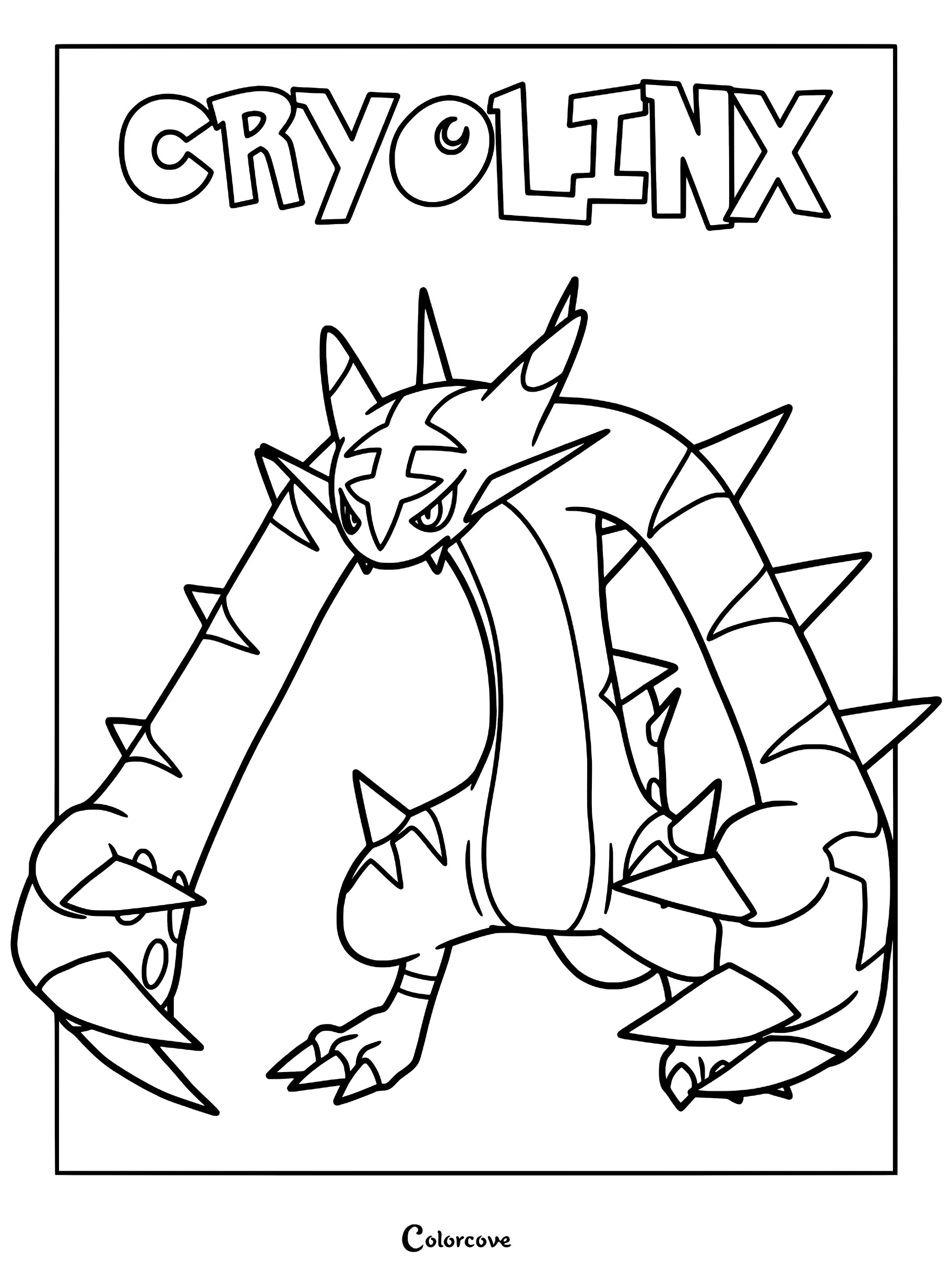 Cryolinx from Palworld standing in a dynamic pose, featuring its signature large, spiked arms and sharp facial details in a printable coloring page format.