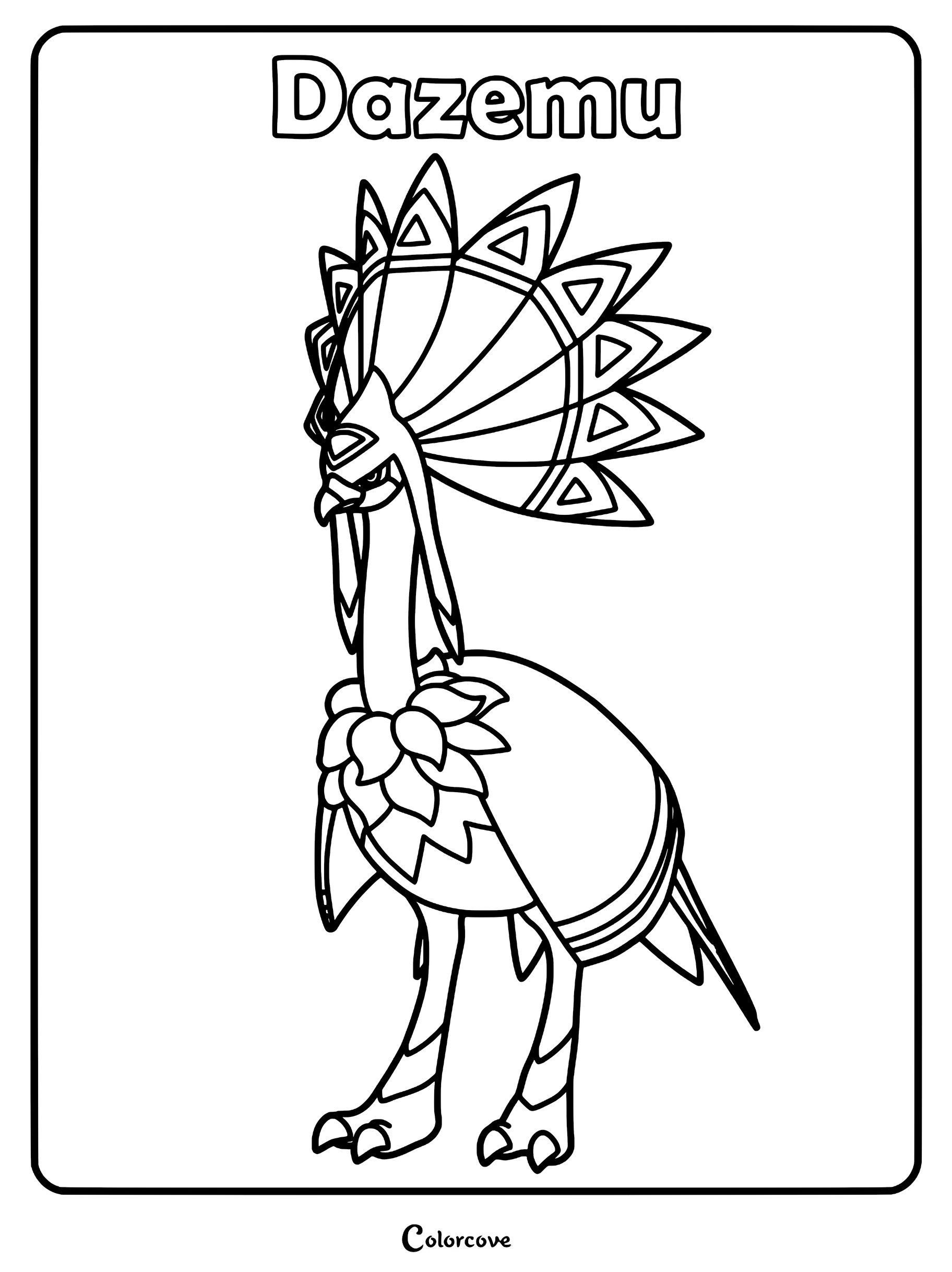 Dazemu from Palworld standing tall with its large, ornate, fan-like crest in this printable coloring page.
