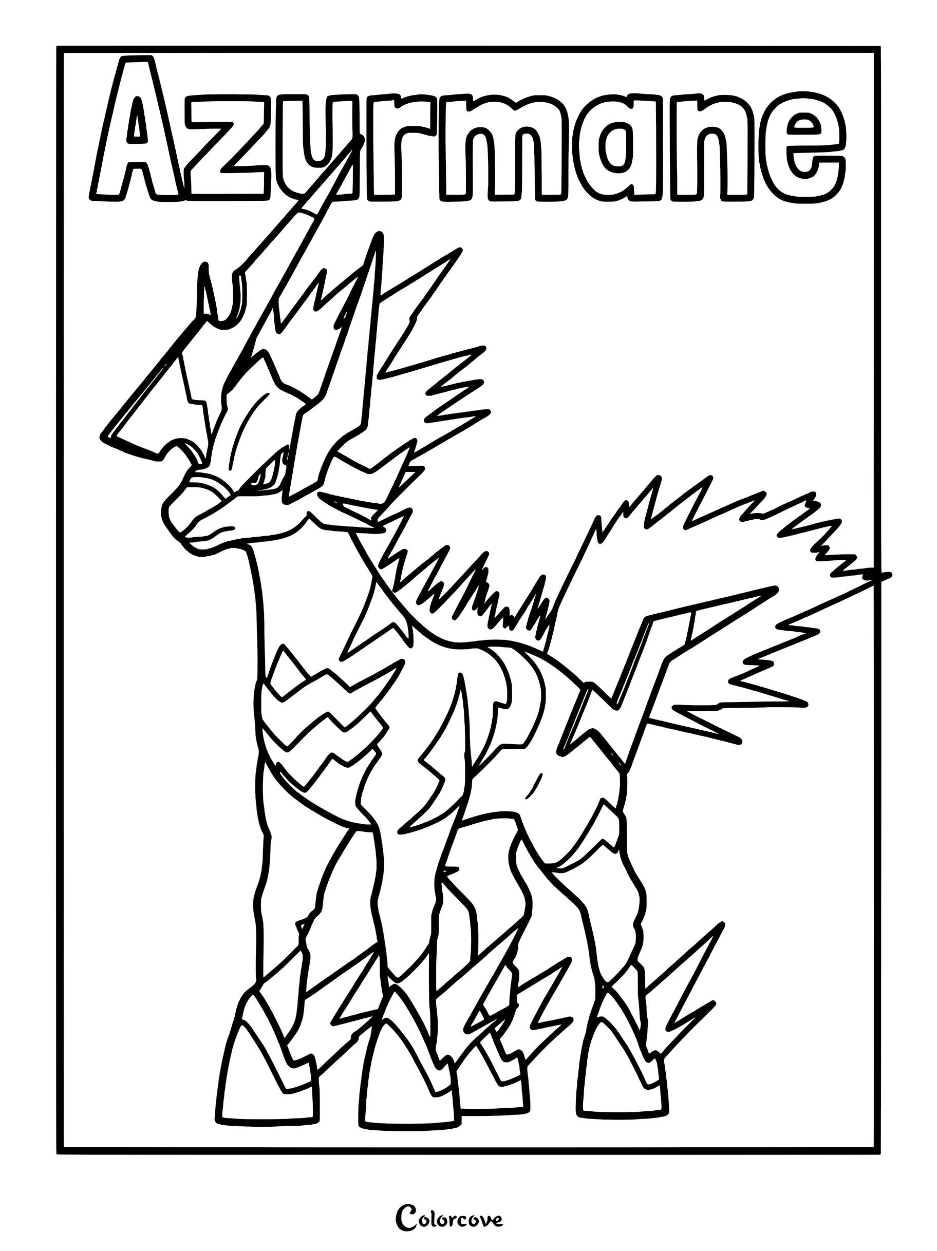 A printable coloring page featuring the Palworld Pal Azurmane with its signature lightning-shaped mane and tail standing in a full-body pose.
