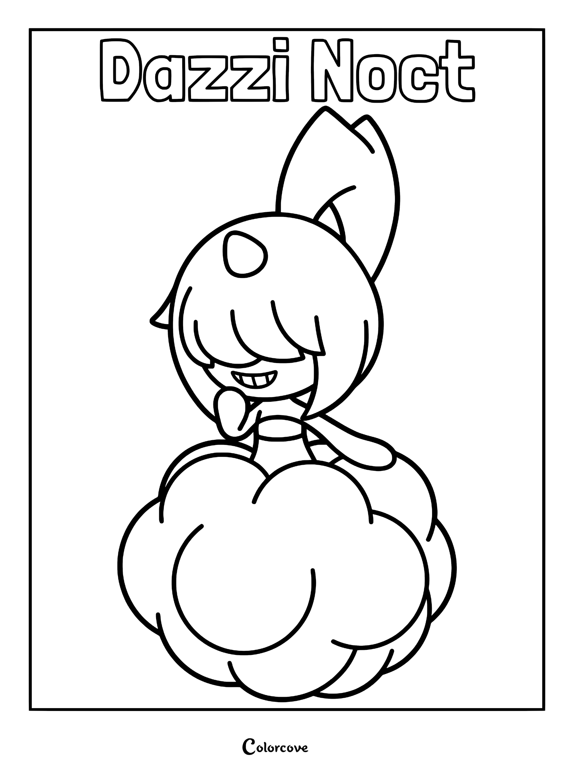 Dazzi Noct Palworld character floating on a cloud, line art coloring page.