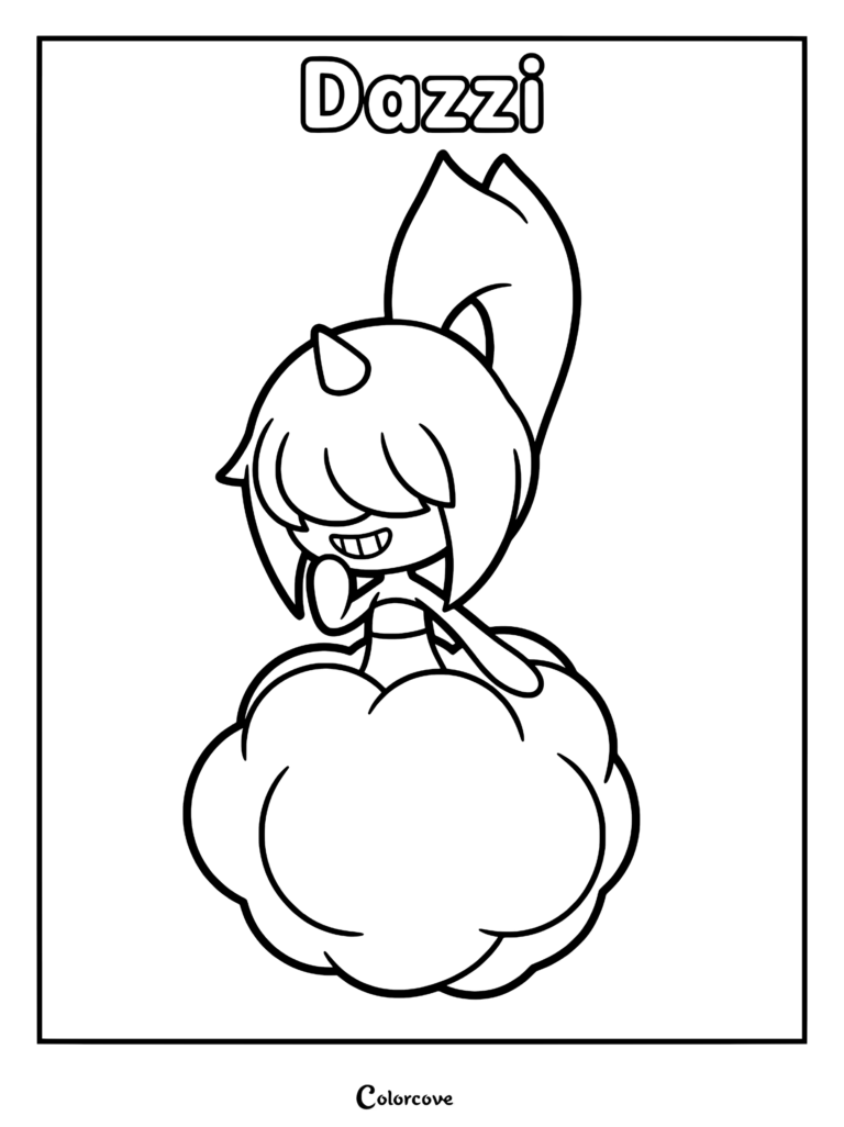 Dazzi from Palworld floating on a cloud, line art coloring page for kids.