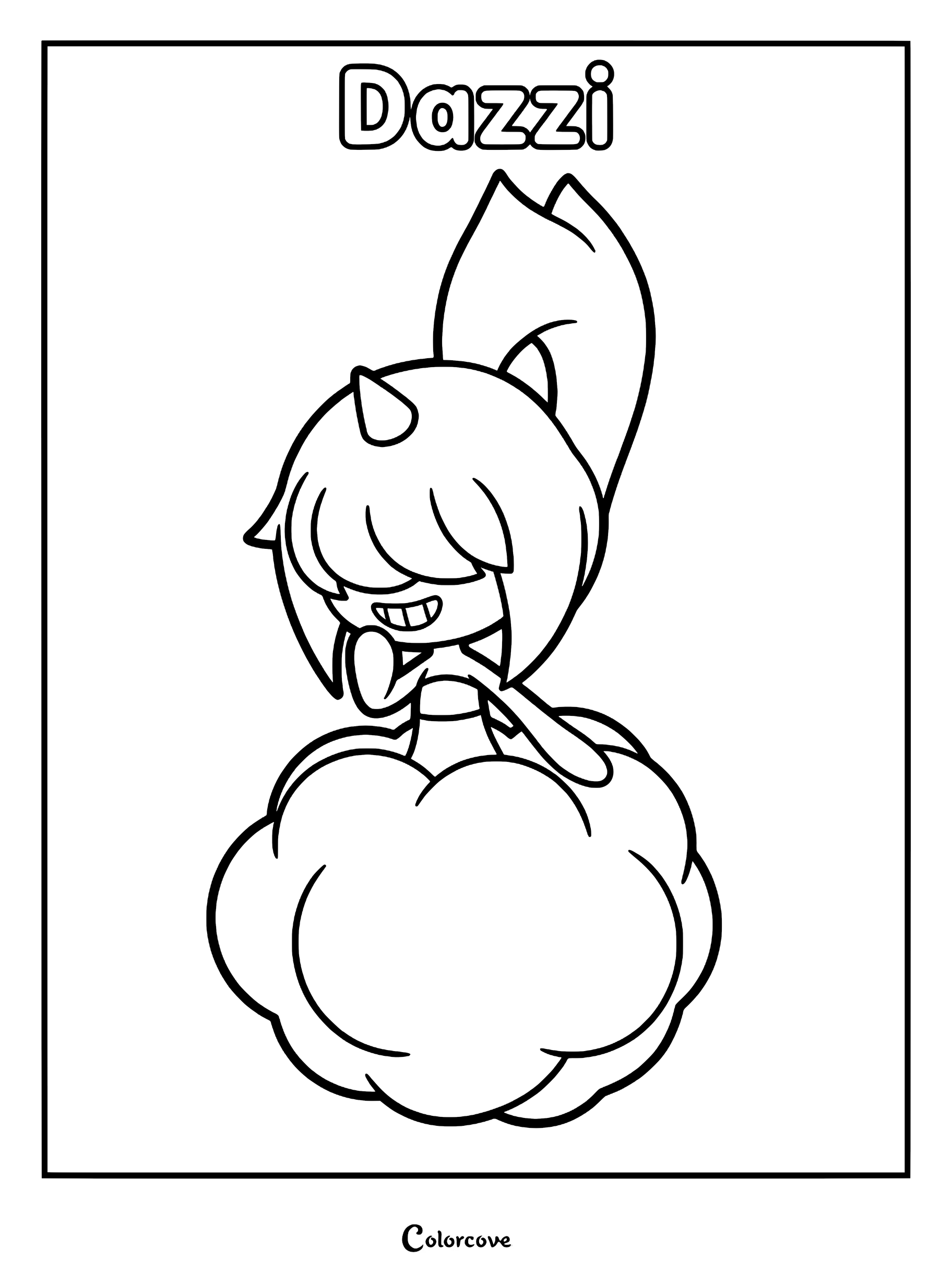 Dazzi from Palworld floating on a cloud, line art coloring page for kids.