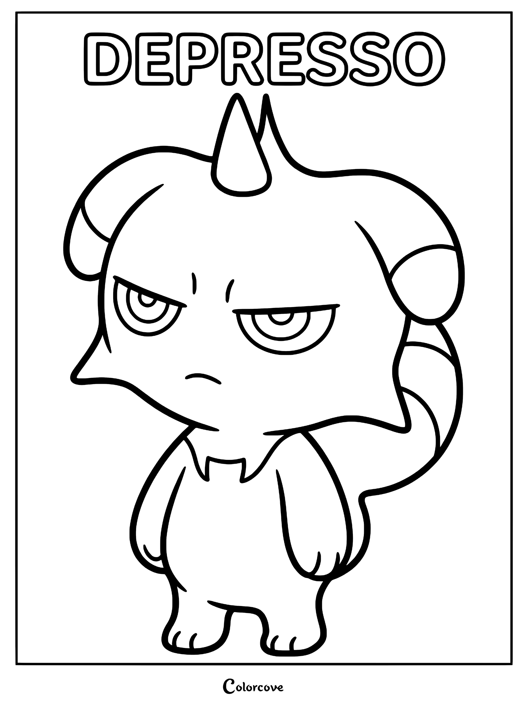 A printable coloring page featuring the grumpy Pal Depresso with its signature scowl and single horn.