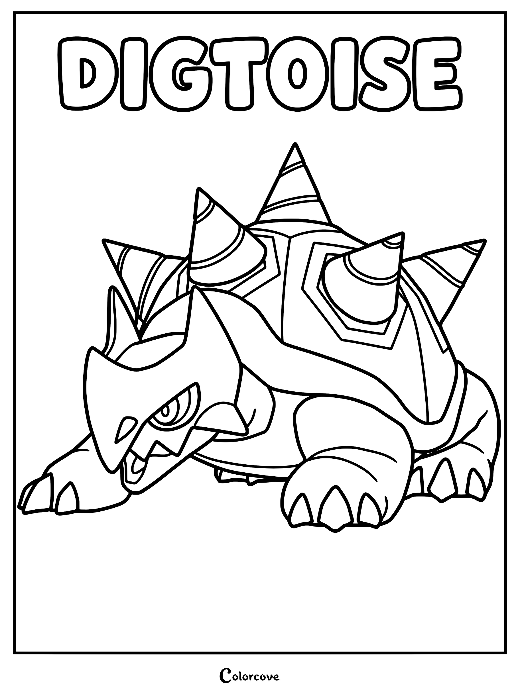 Digtoise from Palworld with its signature spiked shell and drill-like protrusions in a printable line art coloring page.
