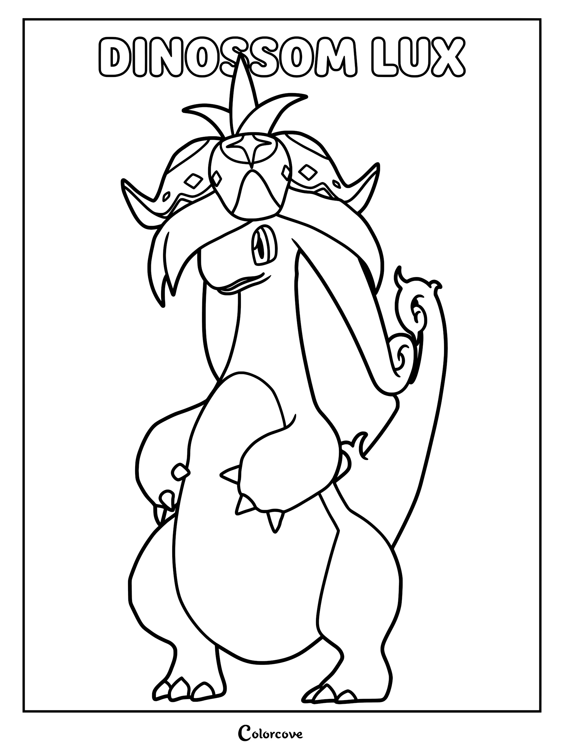 Dinossom Lux standing tall, featuring its signature floral headpiece and long tail in this detailed Palworld coloring page.