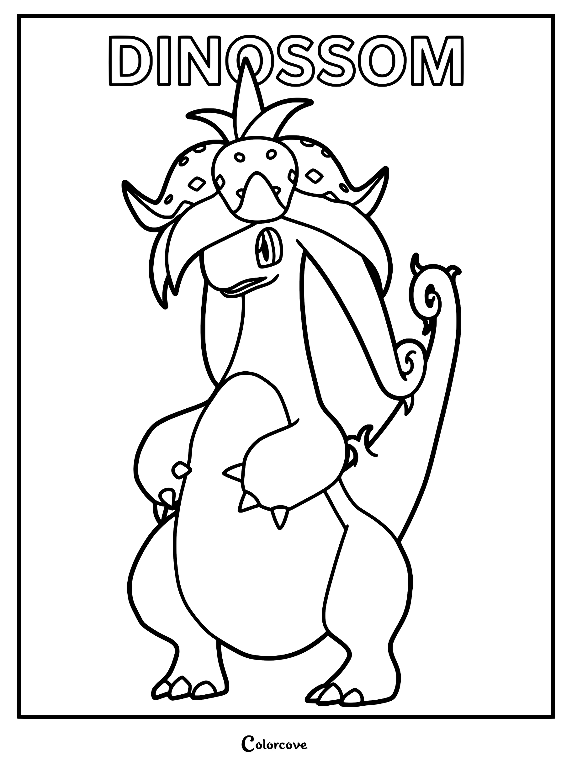 A printable Dinossom coloring page featuring the Pal with its signature flower headpiece and long tail.
