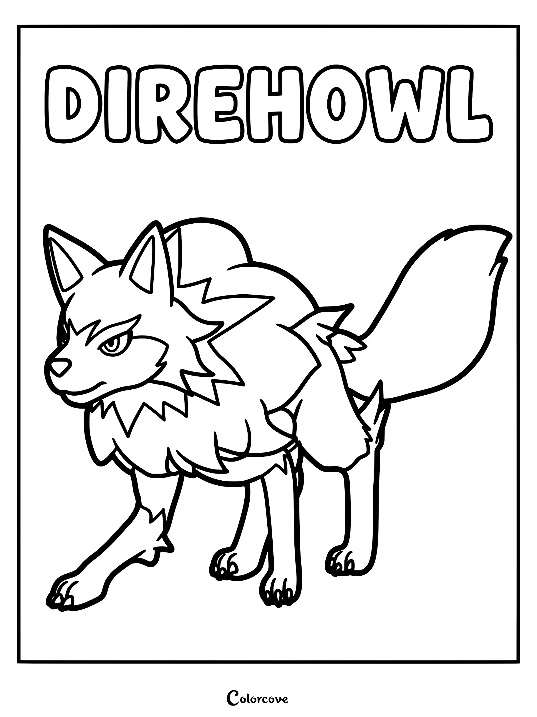 A printable coloring page featuring the wolf-like Pal Direhowl standing in a alert pose with its name written at the top.