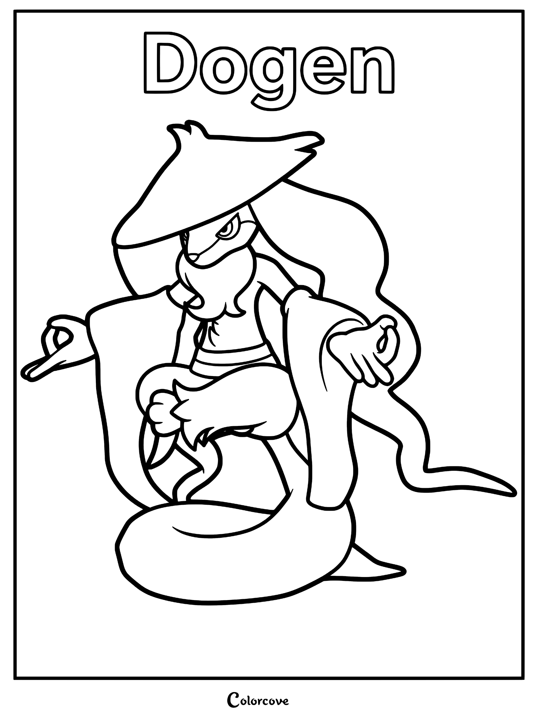 Dogen from Palworld wearing a traditional conical hat and robes in a meditative pose, printable coloring page.