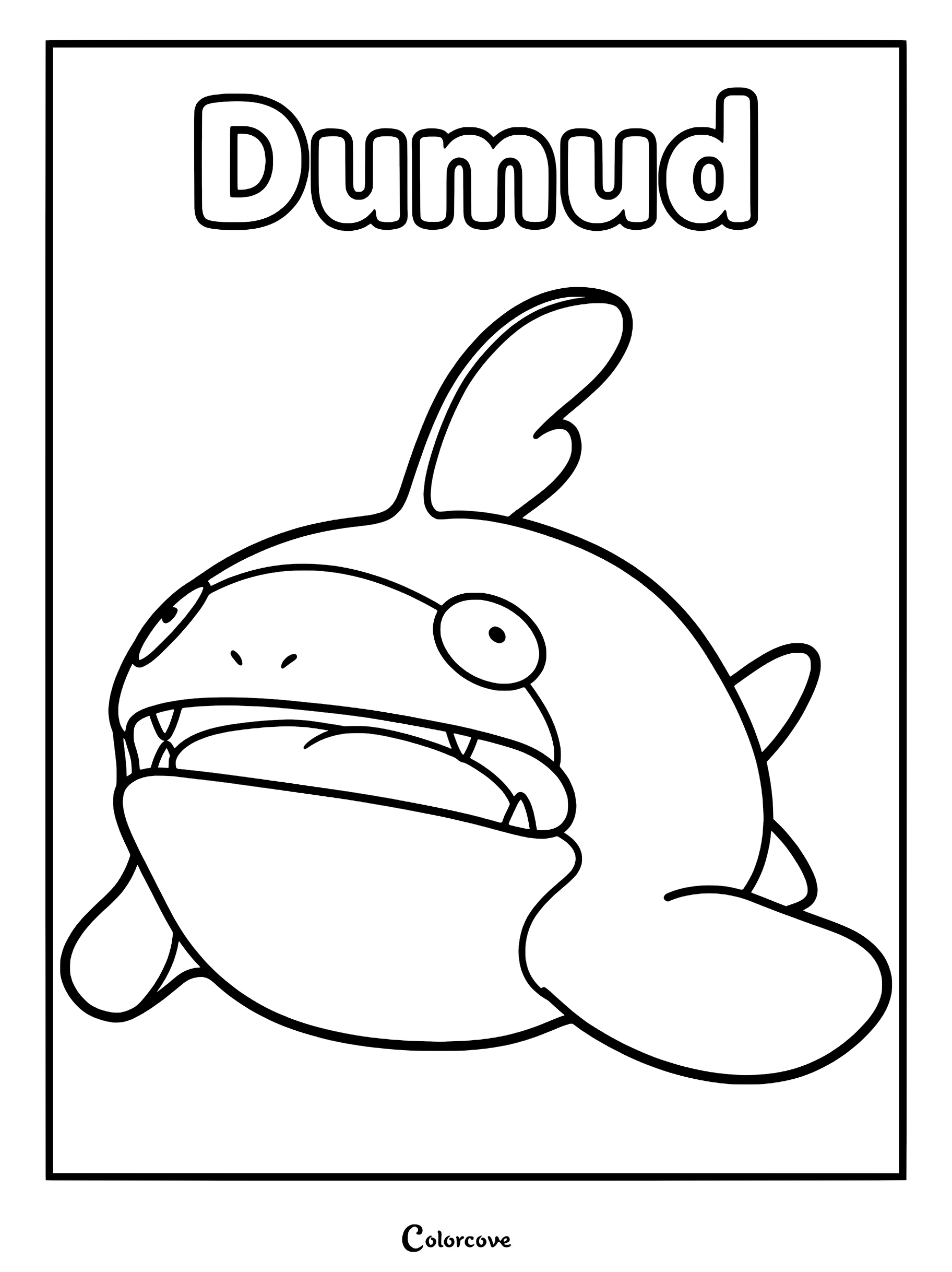 A printable coloring page featuring the Palworld Pal Dumud with its signature dorsal fin and wide, toothy mouth.