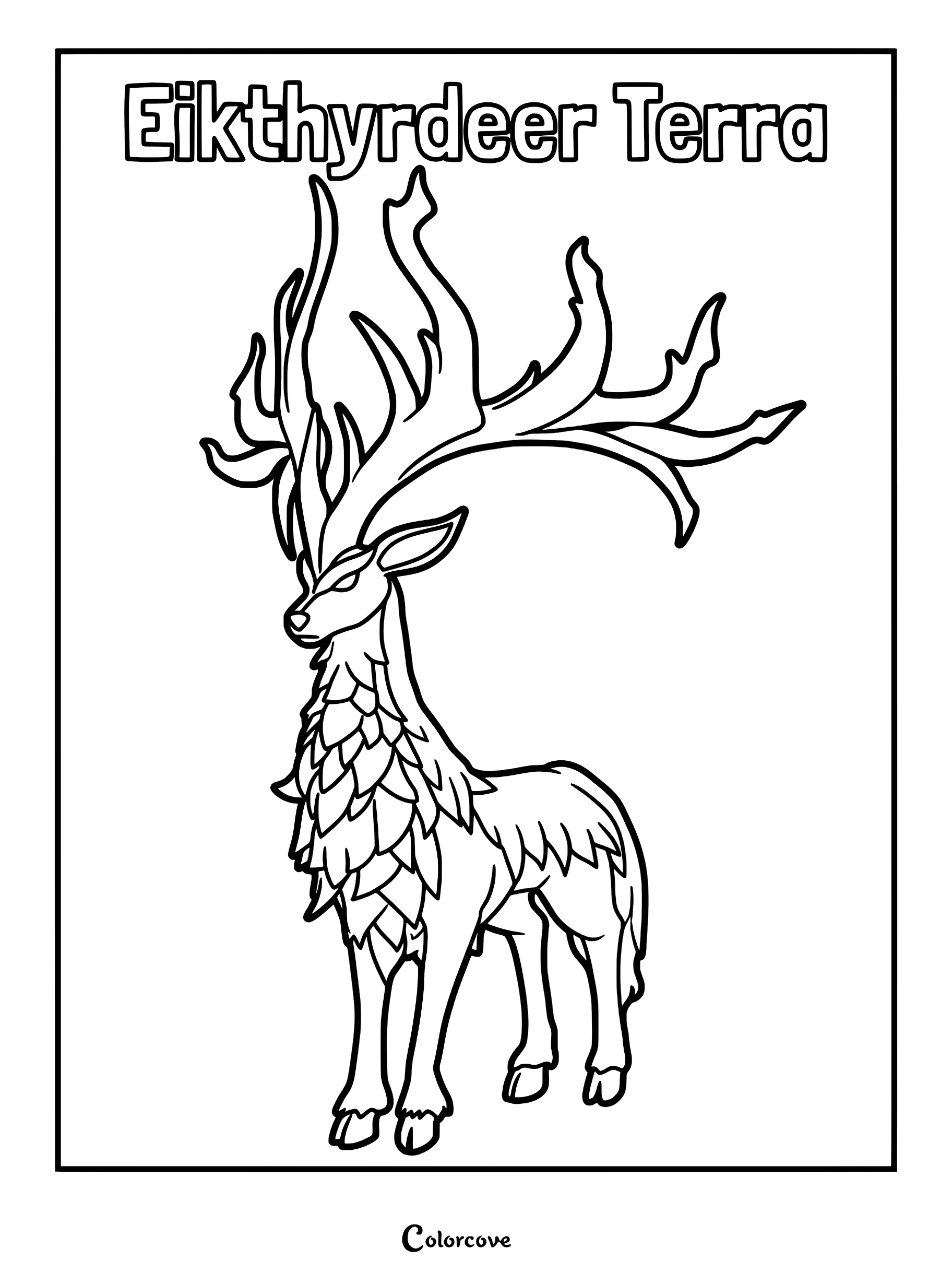 A detailed line art coloring page of the Palworld creature Eikthyrdeer Terra, featuring its signature large, branching antlers and leafy neck mane.