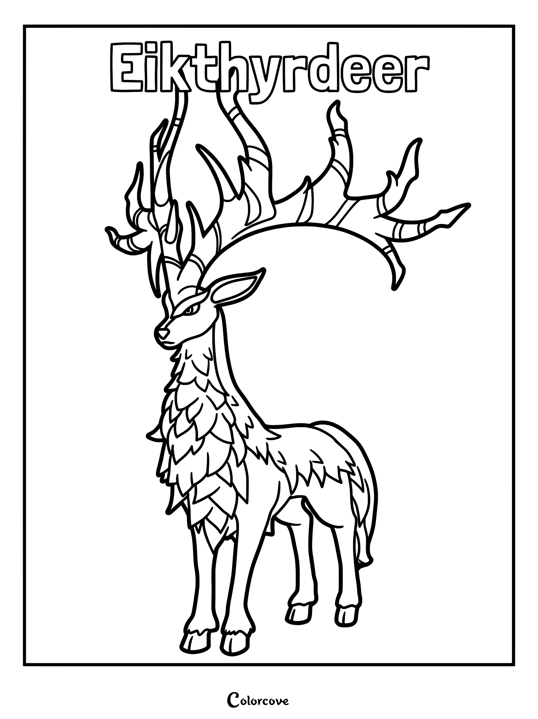 Eikthyrdeer standing tall with large, branched antlers in a detailed Palworld coloring page.