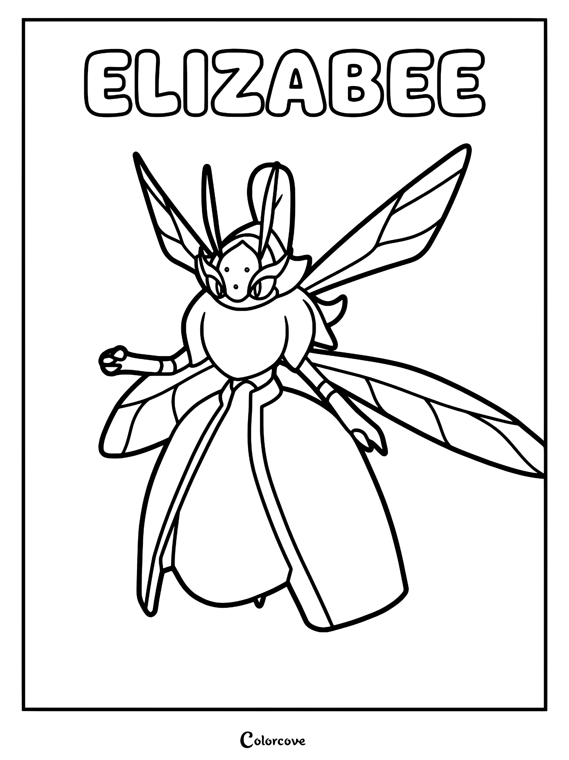 Elizabee from Palworld standing with wings spread in a printable coloring page format.
