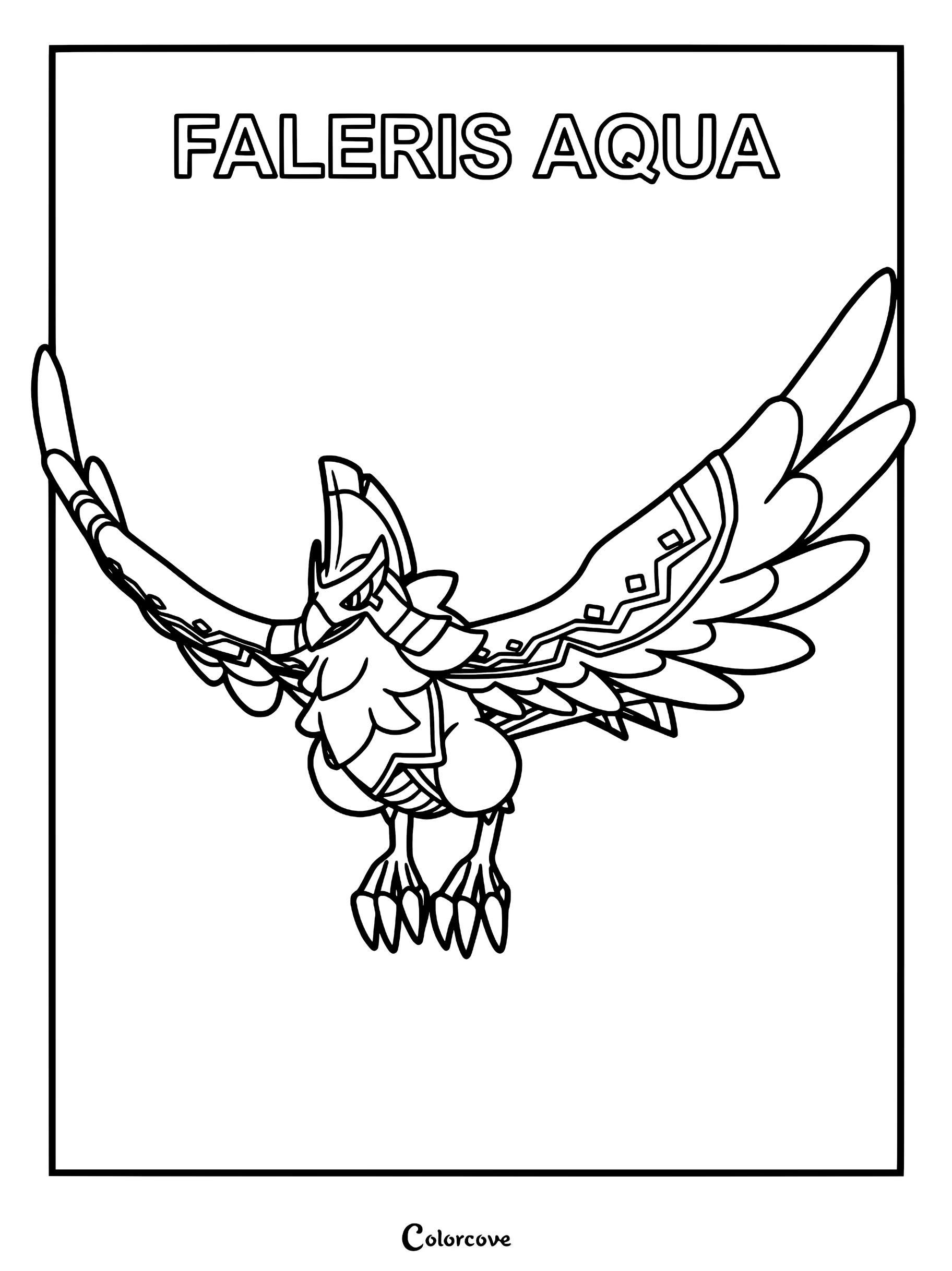 Faleris Aqua flying with wings spread wide in this detailed Palworld coloring page.