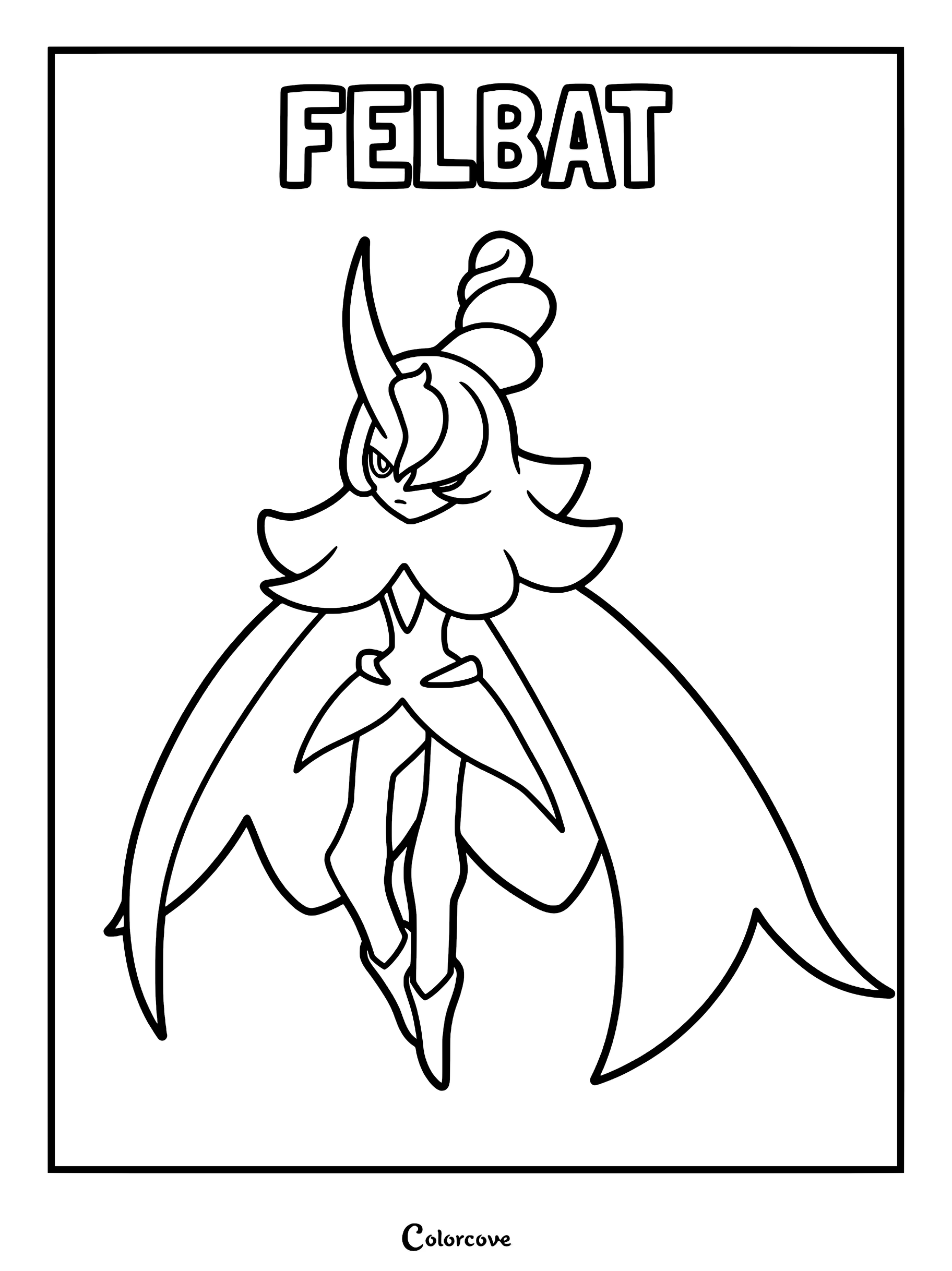 Felbat from Palworld standing in a heroic pose, featured on a printable coloring page with its name at the top.