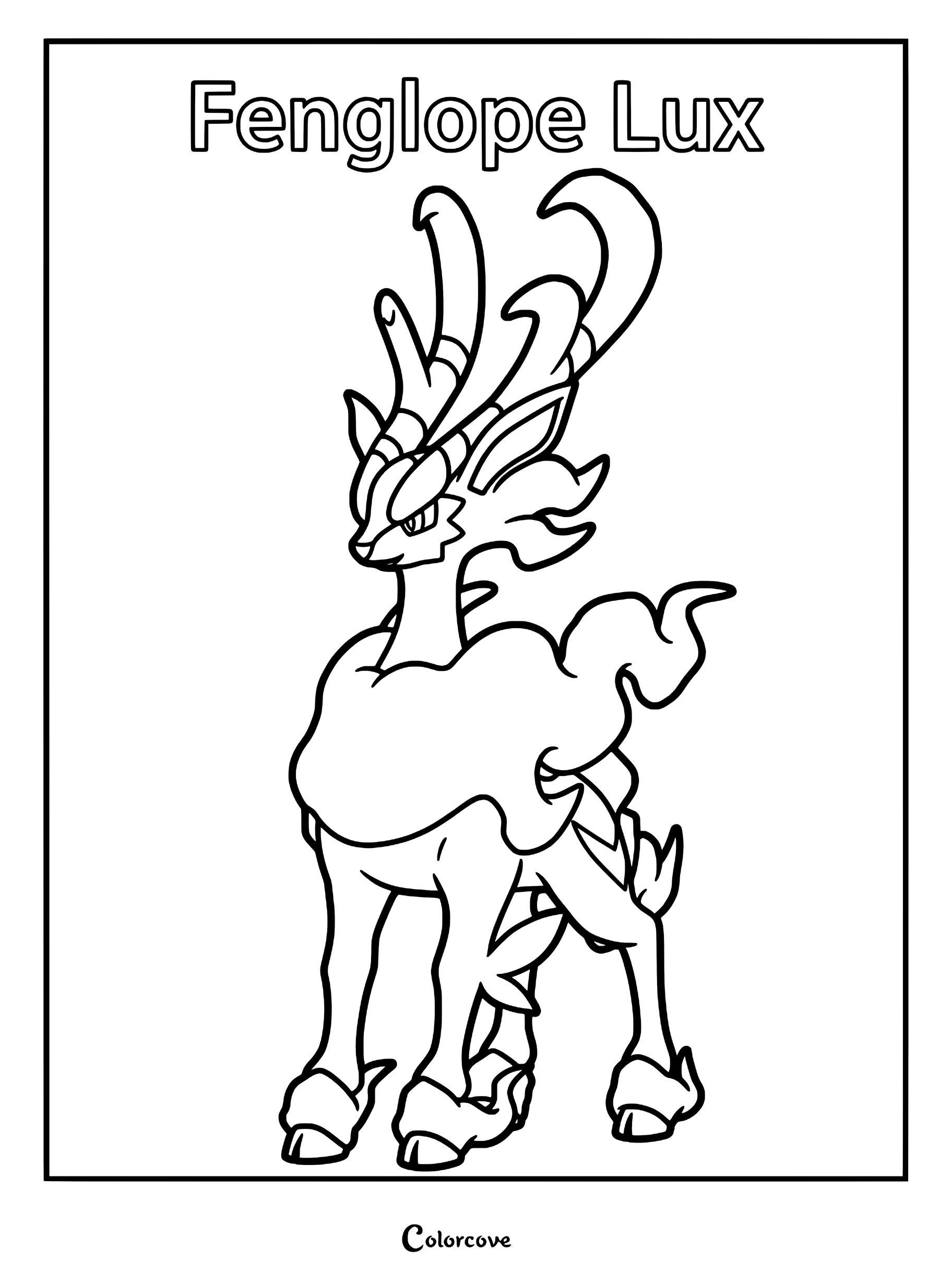 Fenglope Lux standing in a proud pose, featuring its distinct antlers and flowing mane in a printable coloring page format.