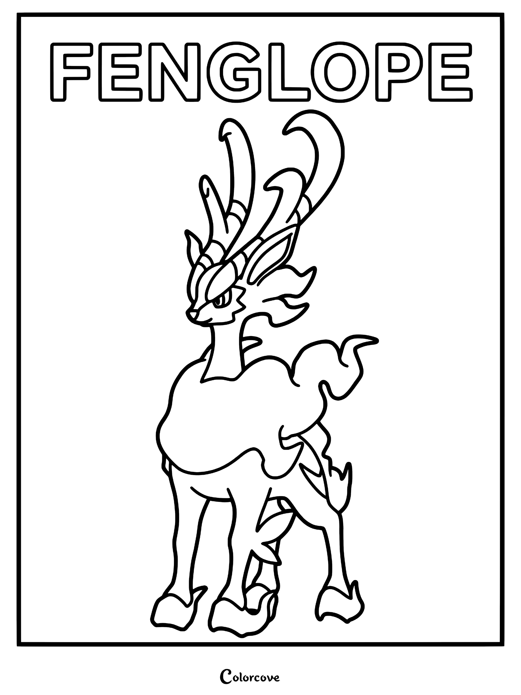 Fenglope from Palworld standing in a proud pose, featuring its distinct antlers and flowing mane in a printable coloring page format.