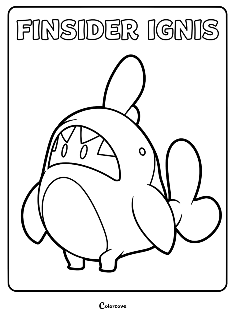 A printable coloring page featuring the Palworld character Finsider Ignis with its distinct shark-like features and dorsal fin.