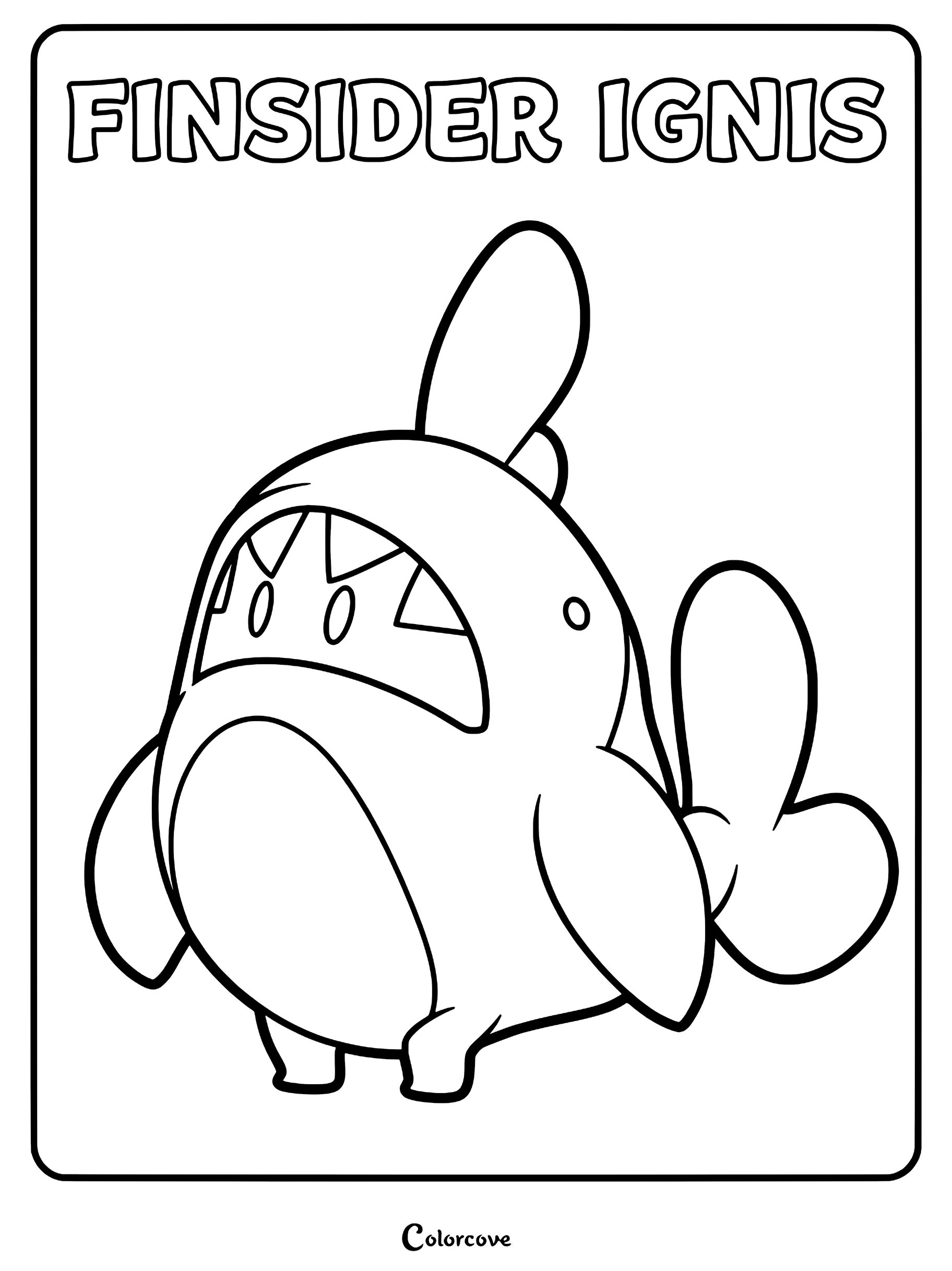 A printable coloring page featuring the Palworld character Finsider Ignis with its distinct shark-like features and dorsal fin.