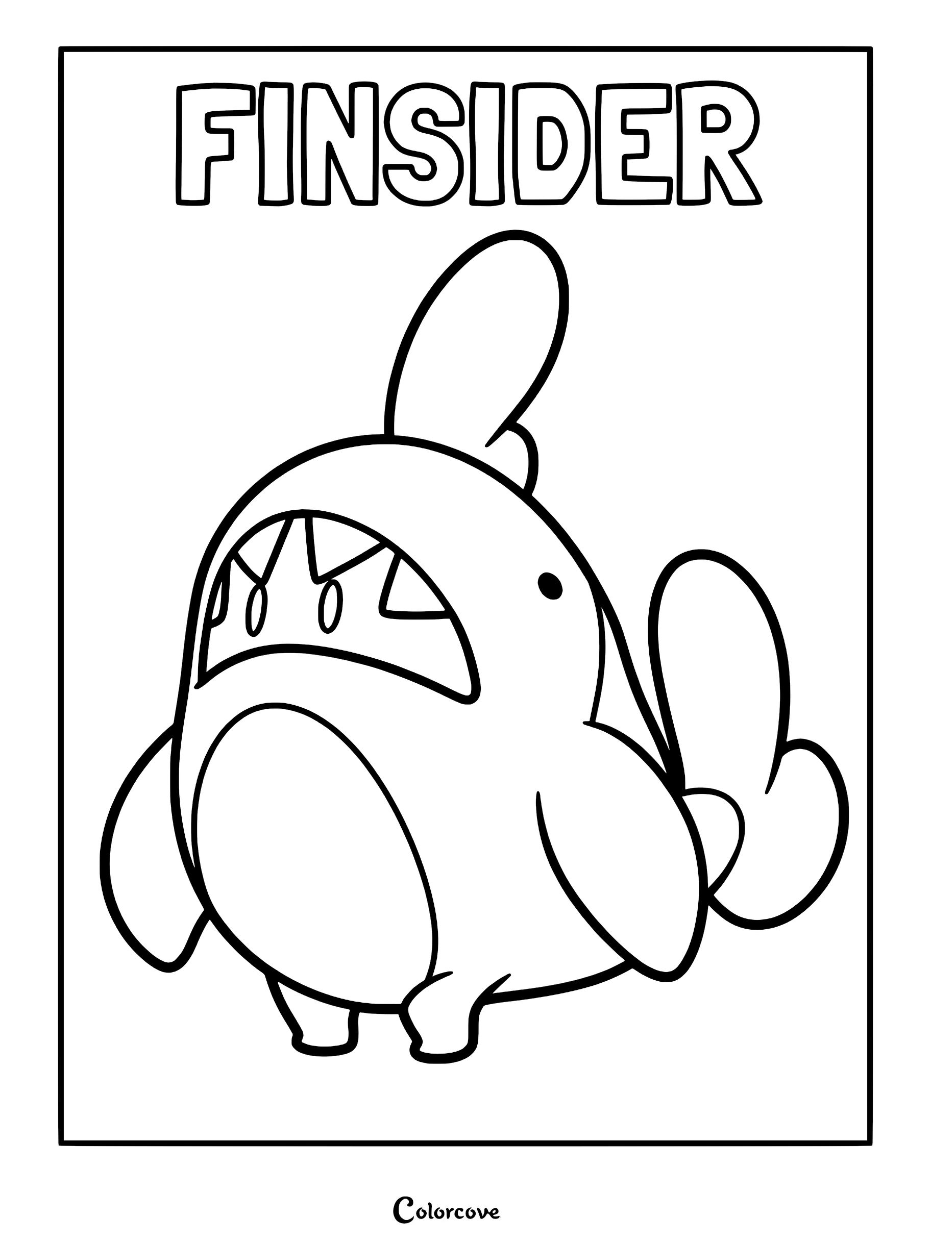 A printable coloring page featuring the Palworld creature Finsider with its signature shark-like dorsal fin and wide, toothy grin.